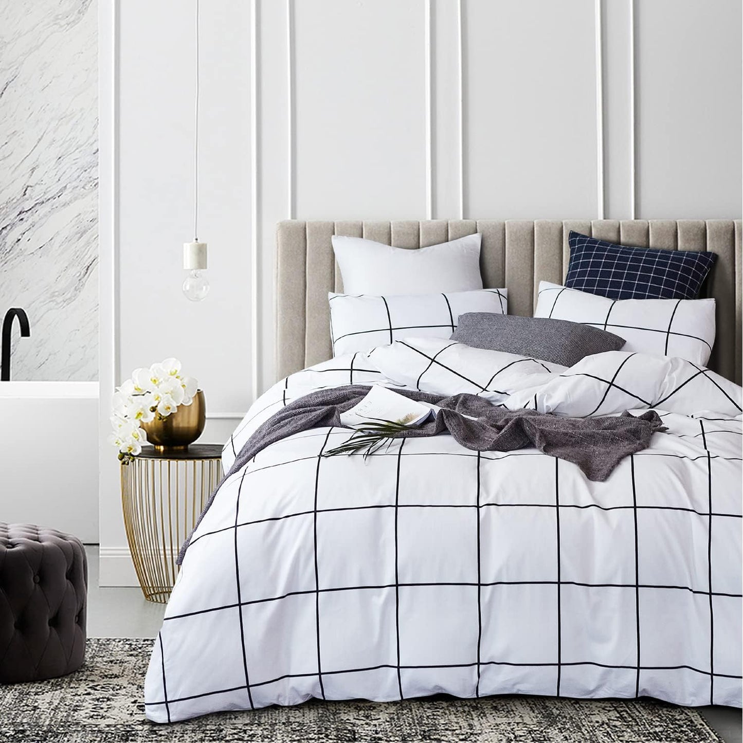 KAREVER White Grid Comforter Set Bedding Set Cal King White Black Plaid Printed Stripes Women 3 PCs Checkered Bed Set