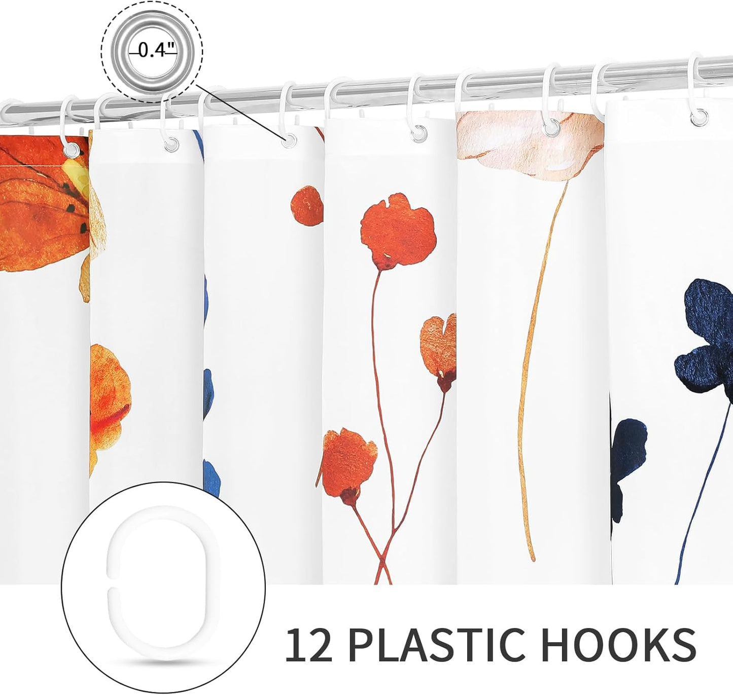 Gibelle Watercolor Floral Shower Curtain, Retro Orange Navy Flower Shower Curtain for Bathroom, Modern Minimalist Aesthetic Waterproof Fabric Shower Curtain Set with Hooks 72x72 Inch