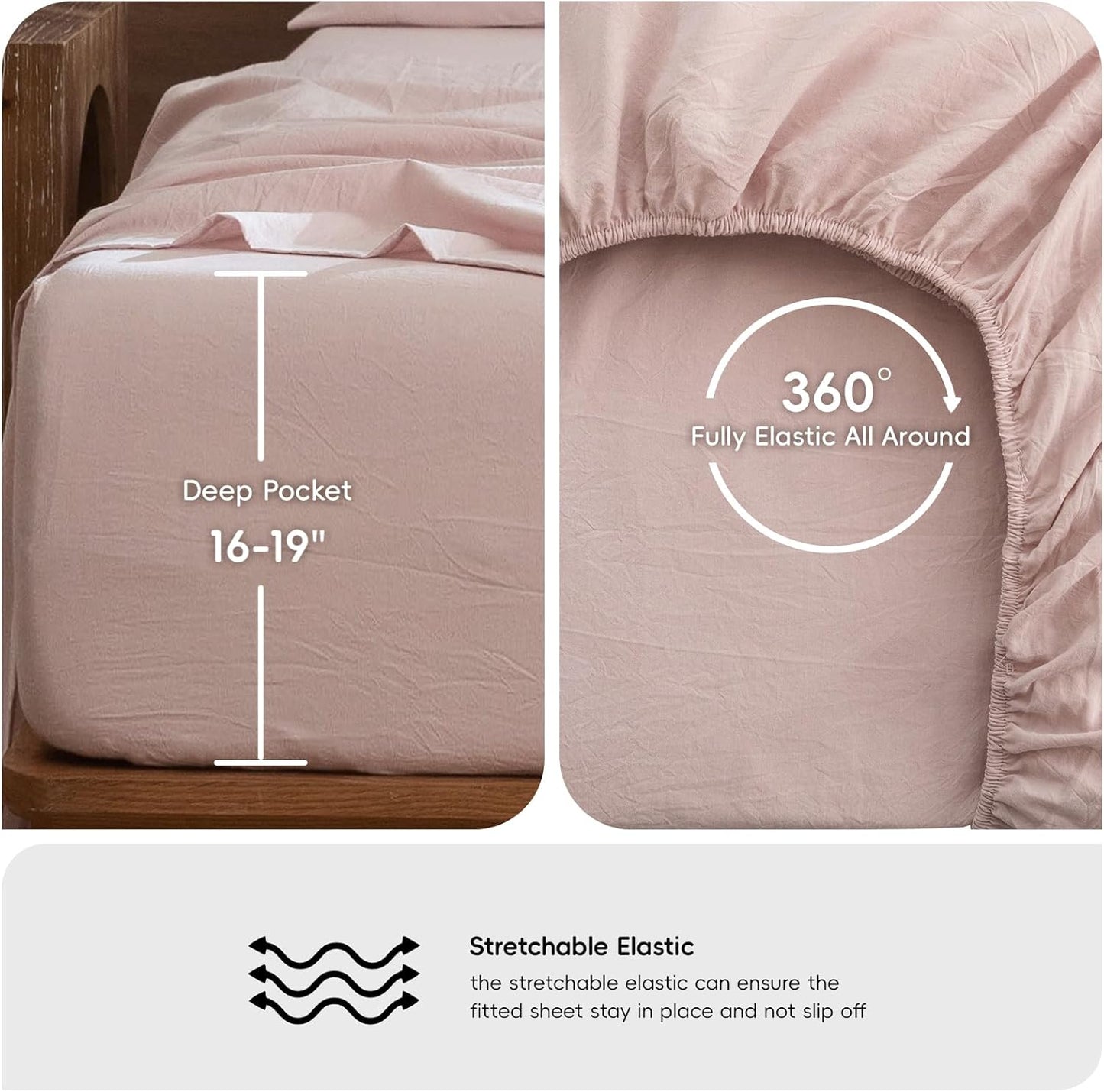 MooMee Bedding Sheet Set 100% Cotton Like Textured Breathable Durable Soft Comfy (Heathered Greyish Pink, Queen)