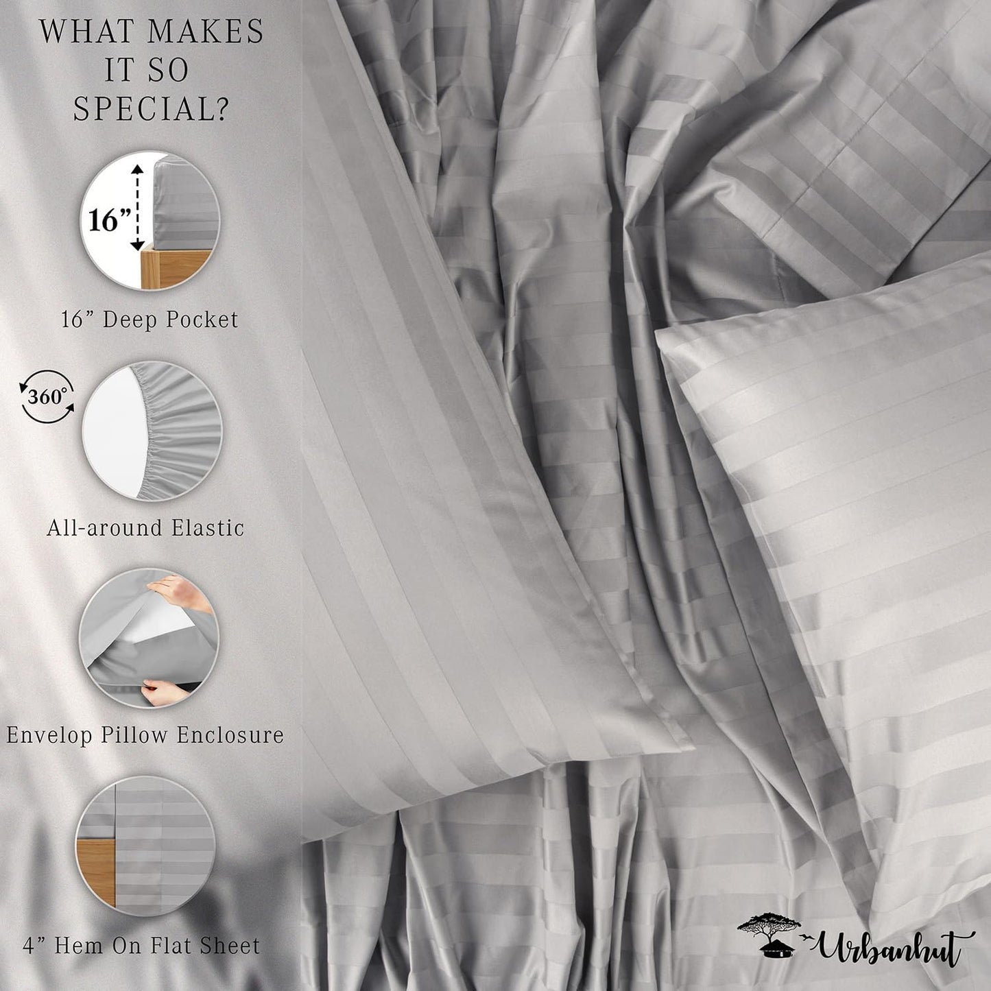 URBANHUT 1000 Thread Count Egyptian Cotton Sheets Damask Striped Queen Size, Breathable Long Staple, 4 Pc Bed Sheet Sets, Luxury Hotel Sateen Sheets Fits 16" Deep Pocket - Silver Grey