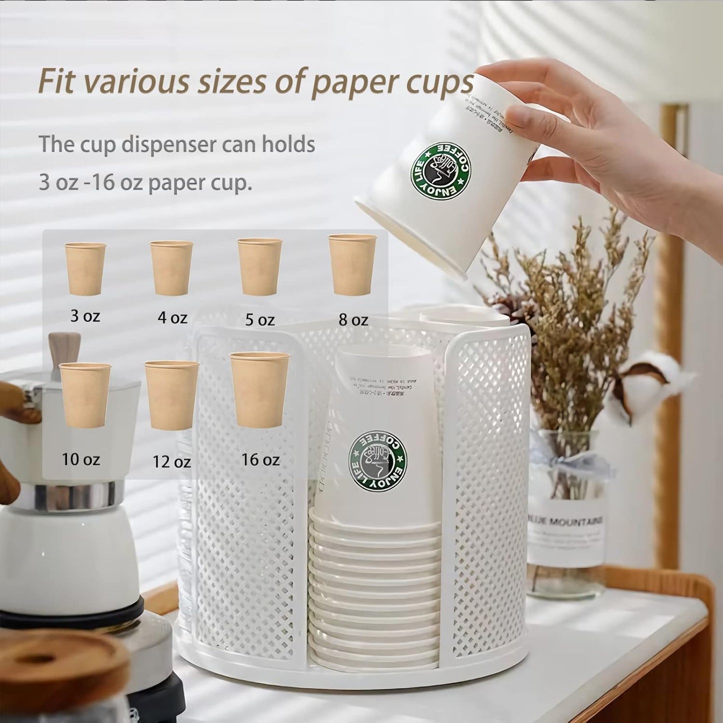 Paper Cup and Lid Holder Plastic Cup Storage Organizer Coffee Cup Dispenser for Countertop, Breakroom, Bathroom, Coffee Station, Bar, Buffet, Kitchen Cabinet - White