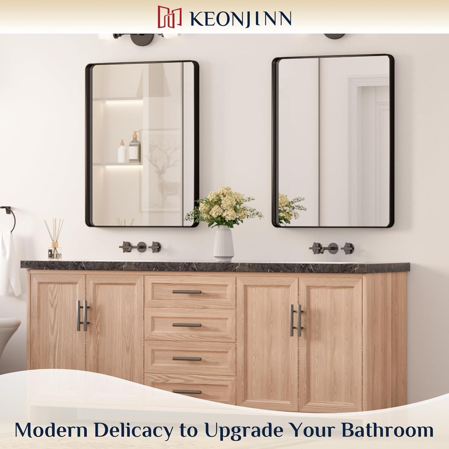 Keonjinn Black Bathroom Mirror for Over Sink, 24 x 32 Inch Matte Black Mirrors for Wall, Rounded Corner Rectangle Farmhouse Vanity Mirror, Tempered Glass Modern Decorative Mirror(Horizontal/Vertical)