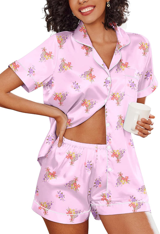 Ekouaer Pajamas for Women Set Silk Satin Pjs Shorts Sleepwear 2 Piece Loungewear S-XXL