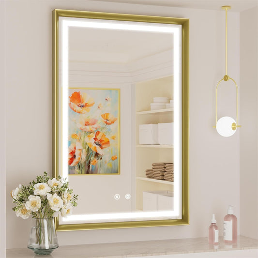 24x36 Inch Gold LED Mirror for Bathroom, 3 Color Temperatures (3000K/4500K/6000K), Anti-Fog, Dimmable Lights, Memory Function, Horizontal/Vertical Wall Mounted
