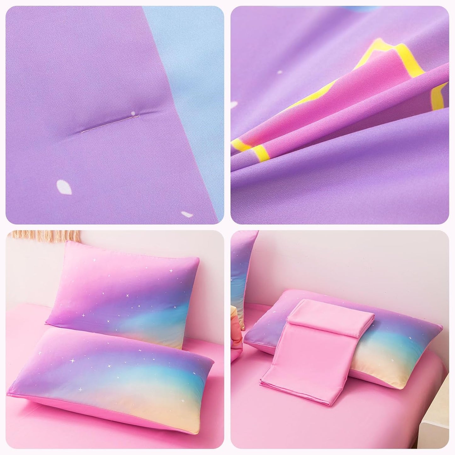 Rainbow Bedding Set Twin Size – 6-Piece Reversible Girls Comforter with Deep-Pocket Sheet, Gradient Galaxy Design, Whole-Piece Filling, Machine Washable Bed-in-a-Bag for Kids Room Makeover & Gifts