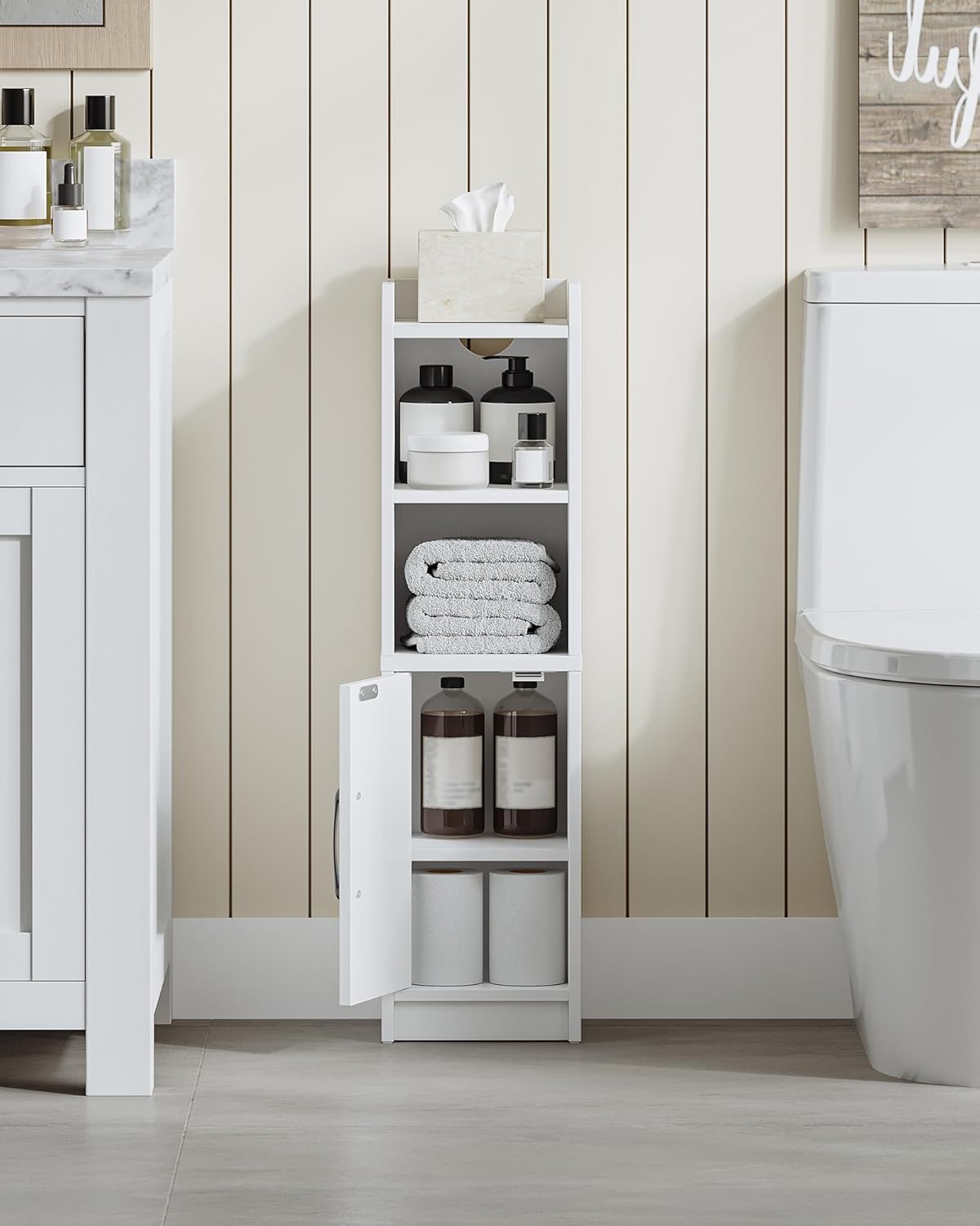 Bathroom Storage Cabinet, Small Farmhouse Corner Floor Cabinet with Door and Shelves, Narrow Toilet Paper Holder Stand, Bathroom Organizer with Adjustable Shelf, for Small Spaces, White