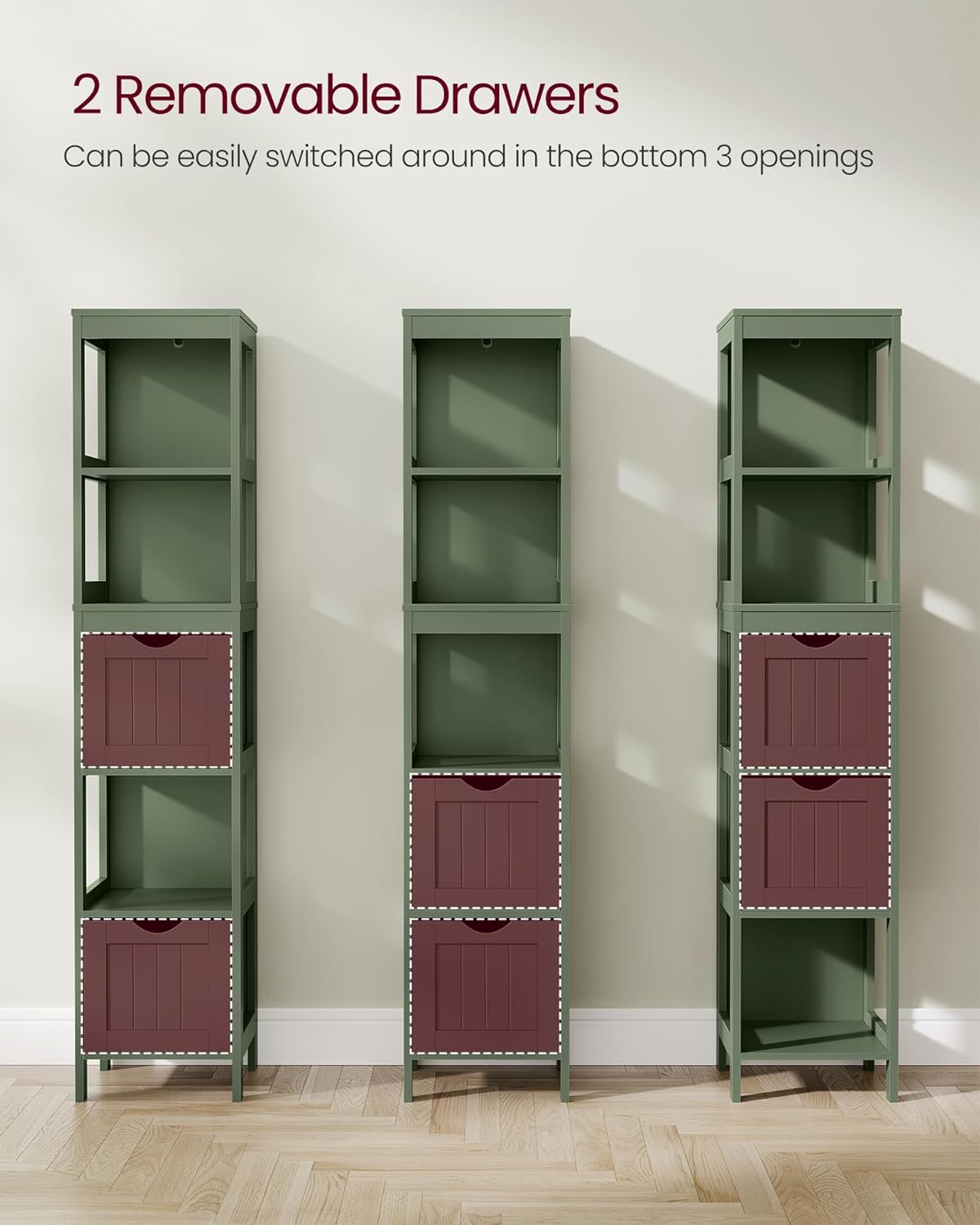VASAGLE Storage Cabinet, Storage Organizer Rack Stand for Bathroom, Living Room, Bedroom, Multifunctional Corner Unit, 2 Drawers, 55.7 Inches in Height, Forest Green UBBC066C01