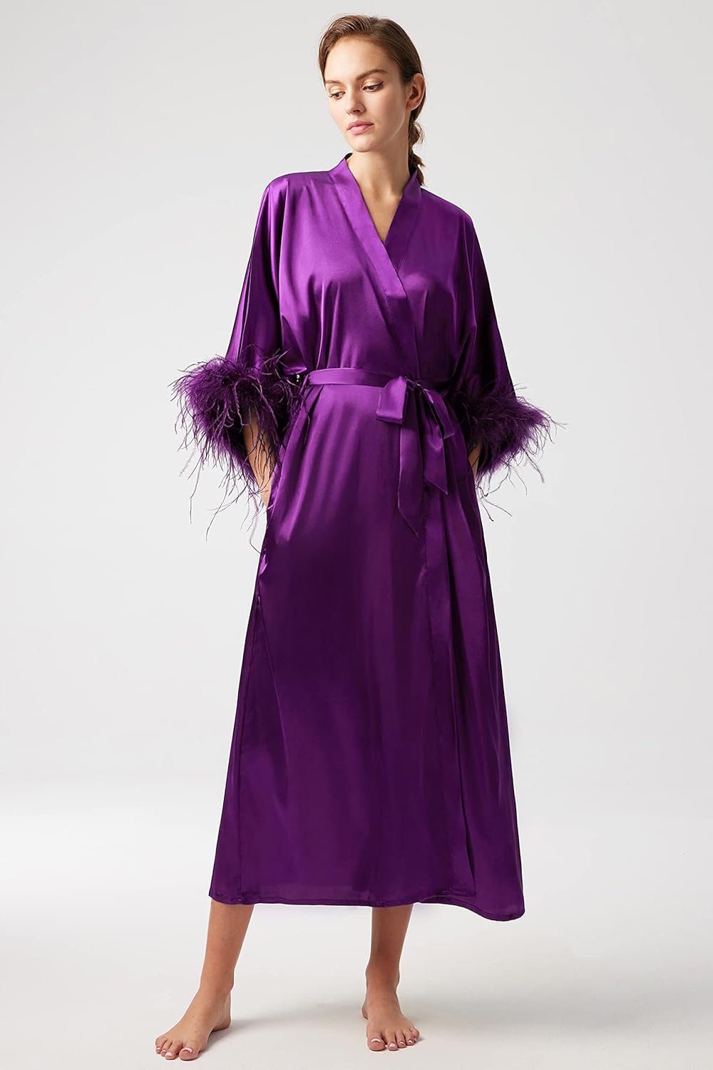 PRODESIGN Satin Kimono Robe Long Silky Bathrobe with Ostrich Feather Trim Sleepwear Wedding Bridesmaid Dressing Gown