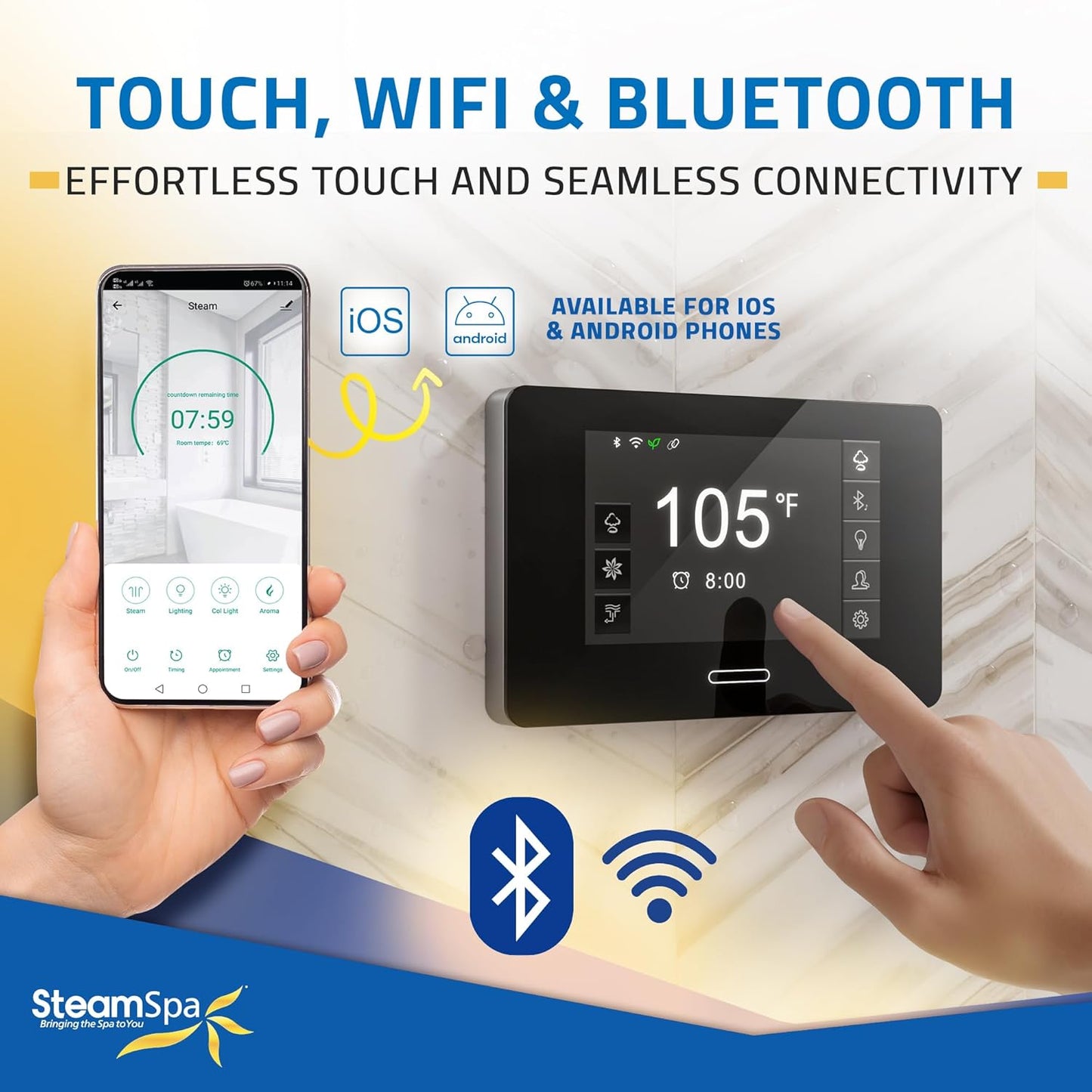 SteamSpa Steam System 4.5kW Steam Shower Generator with Bluetooth Wifi, Quickstart Continous Steam, Advanced Touch Pad Screen, Chroma Lights, Drain Pan and Auto Drain Gold RVBS450GD-A