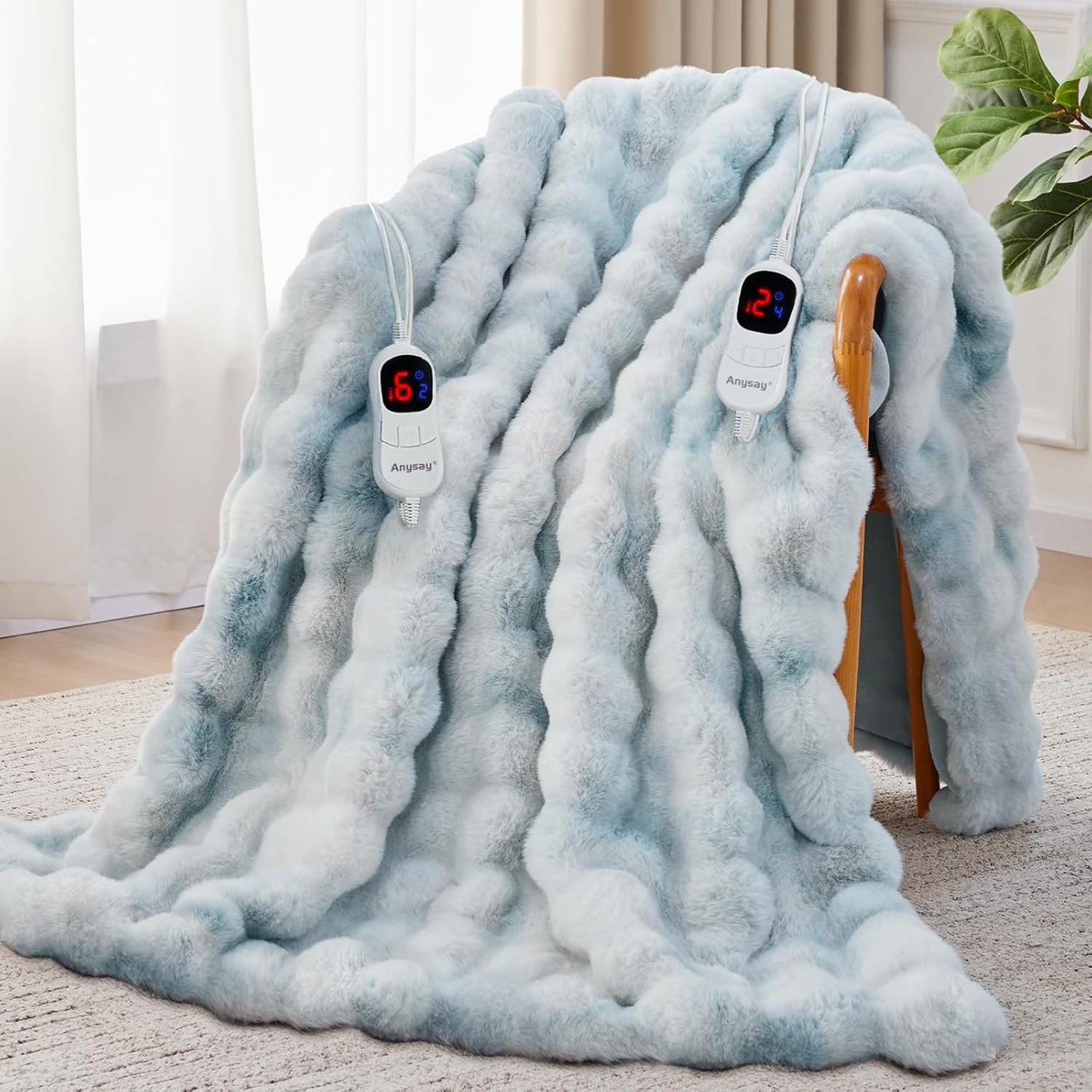 Heated Blanket King Size with 1/2/4/6/8 Hours Auto-Off 10 Heat Level, 90'' * 100'' Cozy Faux Rabbit Fur Bubble Electric Blanket with Overheat Protection(Tie-Dye Blue)