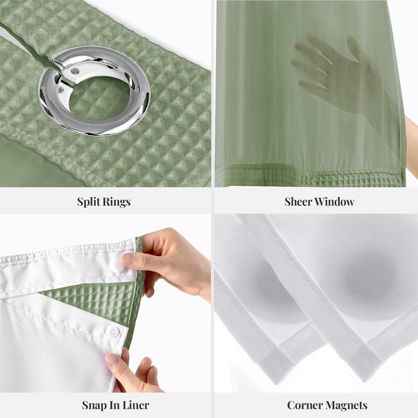 River Dream Sage Green Fabric Shower Curtain Set, Cotton Blend, Waffle Weave, with Snap in Replacement Liner，71 x 74 inches
