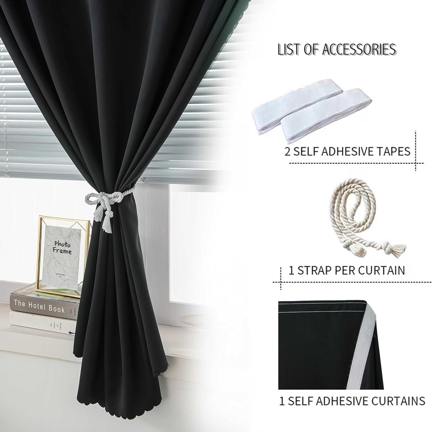 Adhesive Blackout Curtains- Self Stick Curtain No Rod Needed Easy to Hang Curtain, Use for Bedroom, Living Room, Dining Room, Kitchen, 59" W X 96" L, Black, 1 Panel