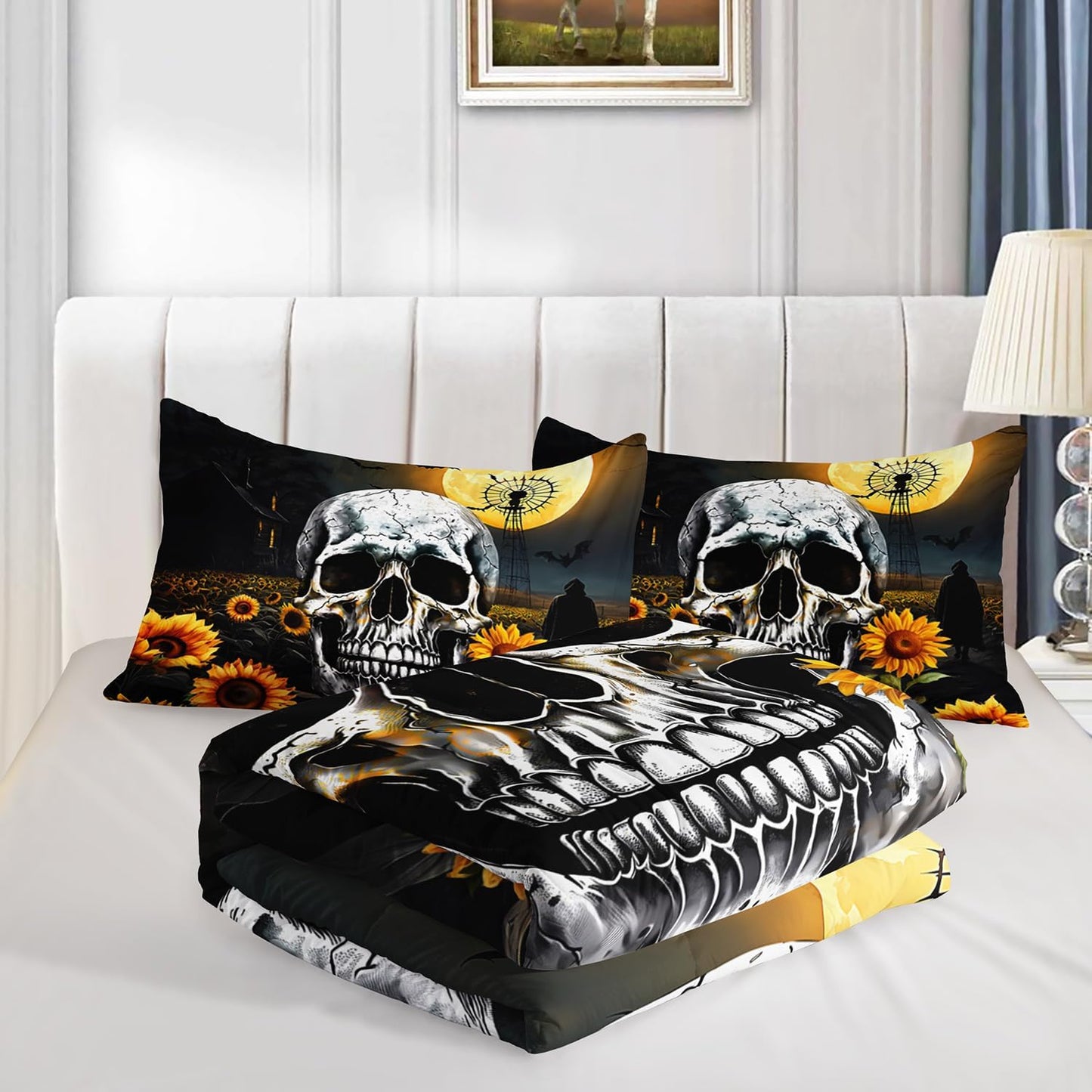 Skull Comforter Set for Gothic Decor Bedroom,Sunflower Floral Bat Print Bedding Full Size Comforter Set for Kids Boys Girls,Dark Night Halloween Horror Bedding Set with 2 Pillowcases.
