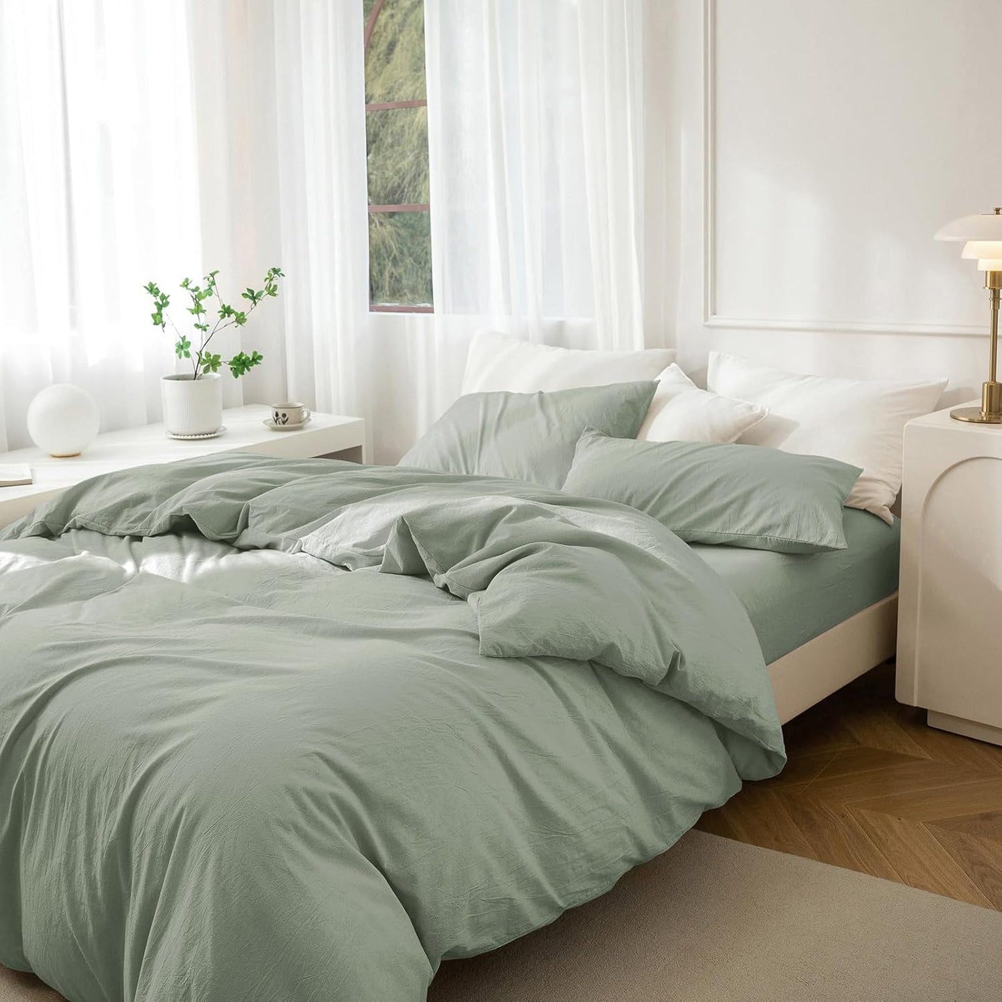 JIYUAN 100% Washed Cotton Duvet Cover Set 3 PCS Oversized Queen, 1 Duvet Cover 98"x98" (Comforter Not Included) and 2 Pillowcases,Linen Feel Bedding Set Comfy and Breathable, Heathered Sage Green