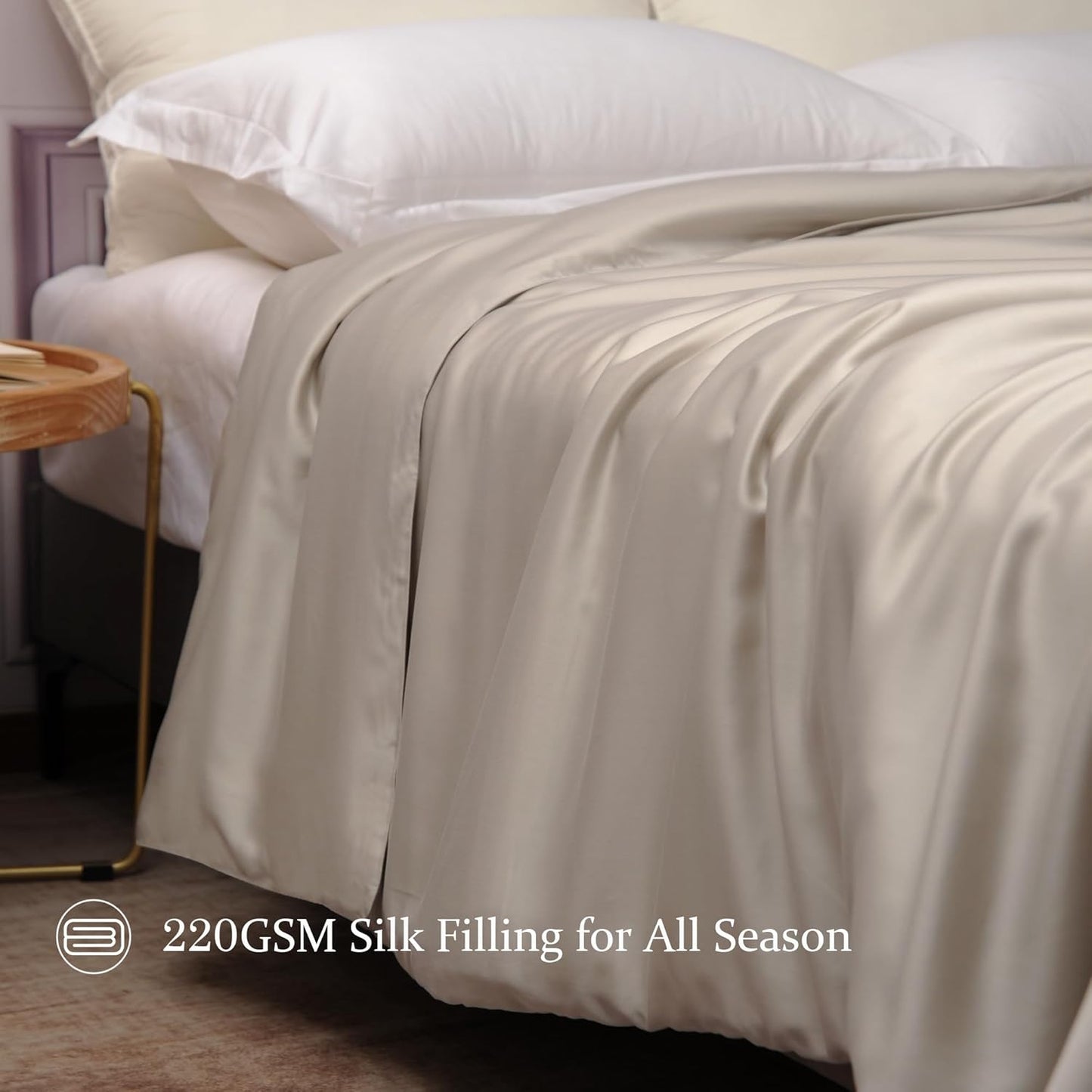 CUDDLE DREAMS Silk Filled Comforter for All Season, Detachable Tencel Duvet Cover for Easy Care, Naturally Breathable (Light Pewter, Queen)