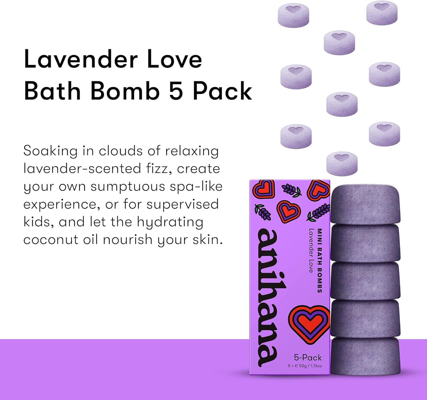 ANIHANA Mini Bath Bombs with Coconut Oil, Paraben Free, Hand-Crafted Luxury Fizzers, Refreshing Lavender Love Scent, 1.76 oz Each, 5 Pack