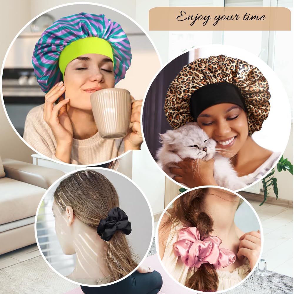 3+3 Large Satin Bonnets with Scrunchies for Women, Wide Band Hair Bonnet for Sleeping Braids Curly Hair