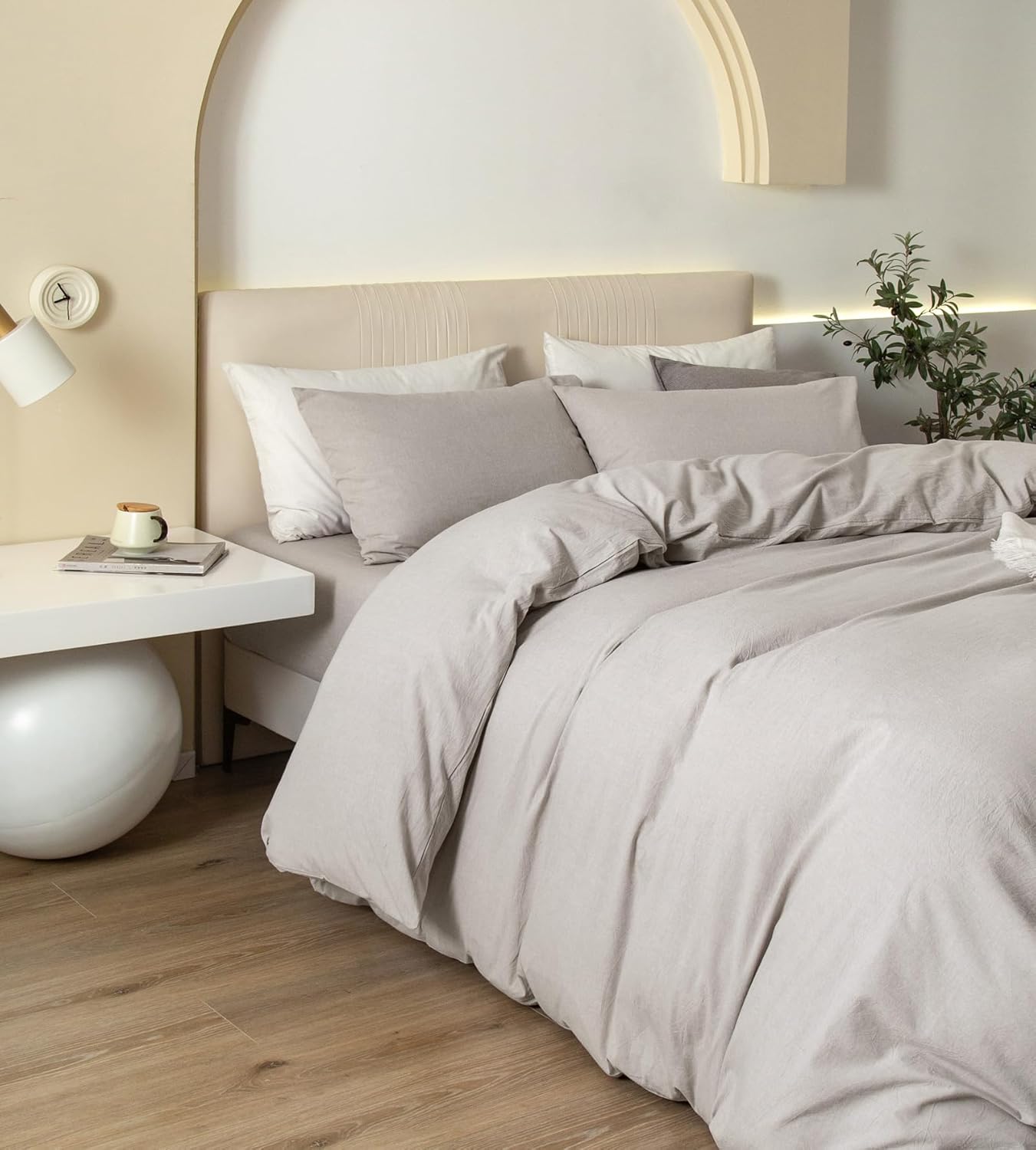 JIYUAN 100% Washed Cotton Duvet Cover Set 3 Pieces Cal King, 1 Duvet Cover 104x98 Inches(Comforter Not Included) and 2 Pillowcases,Linen Feel Bedding Set Comfy and Breathable, Heathered Cream Grey