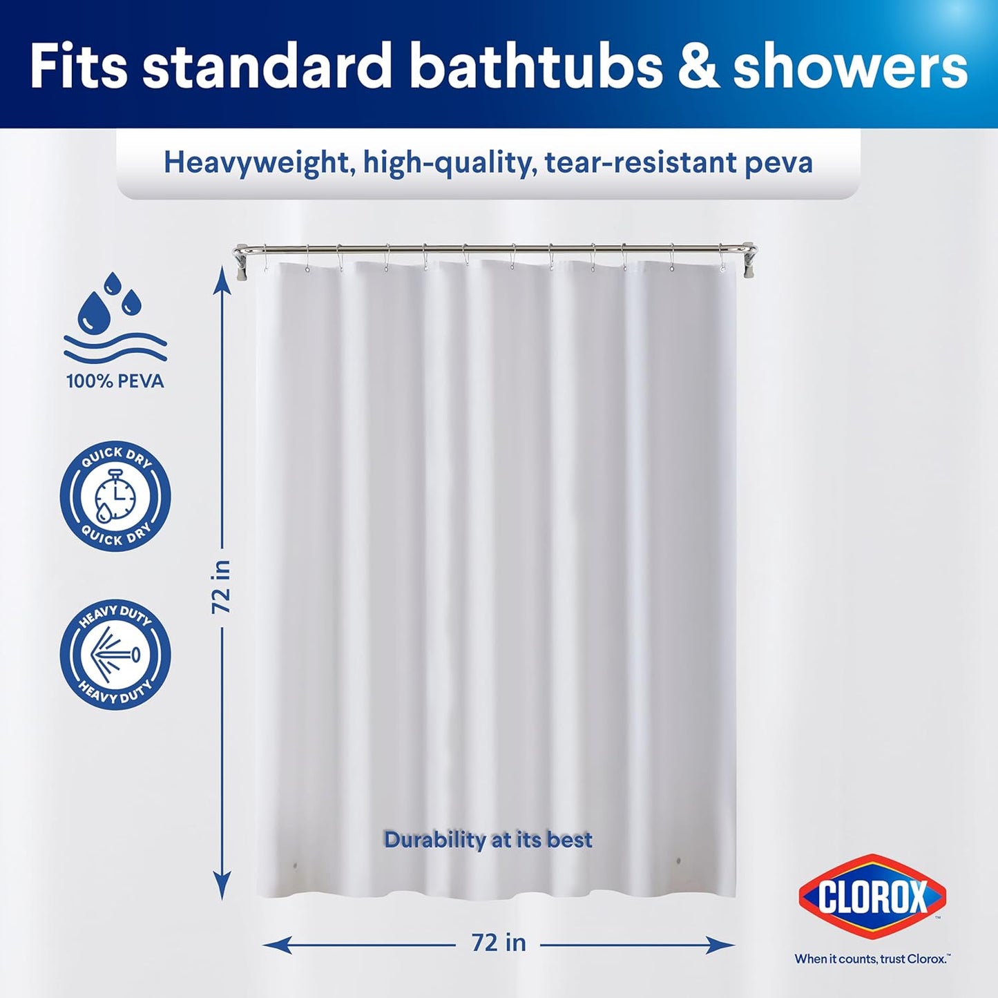 CLOROX Shower Curtain Liner, Premium Heavyweight Durable Waterproof 8g PEVA for Bathroom with Weighted Magnets, Standard Size 72" x 72", Frosty 1 Pack