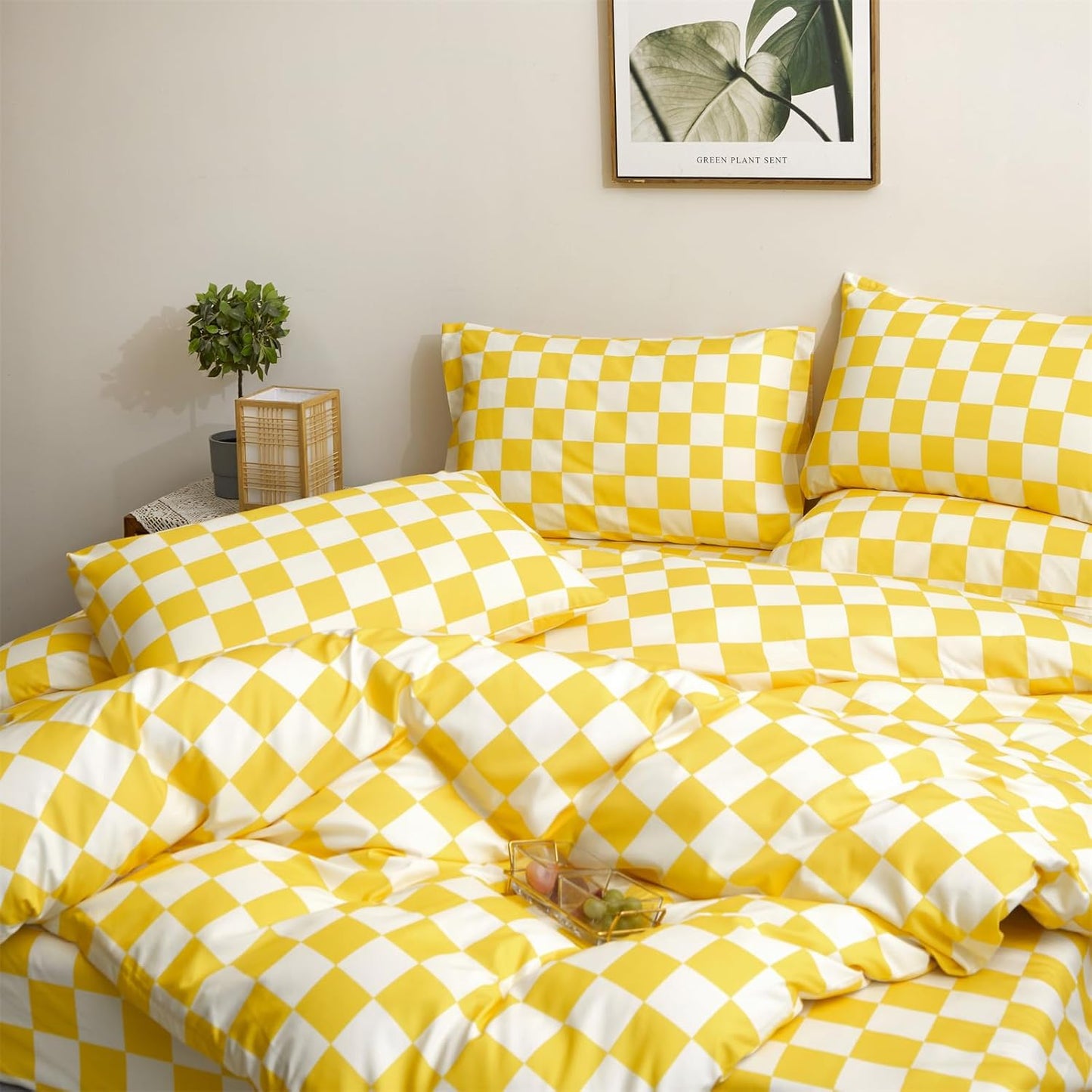 karever Yellow White Grid Comforter Set Full Yellow Plaid Bedding Set Girls Yellow and White Checkered Bed Comforter Set Breathable Blanket Set Kids Durable Bedding Comforter Set,Full(80''*90'')