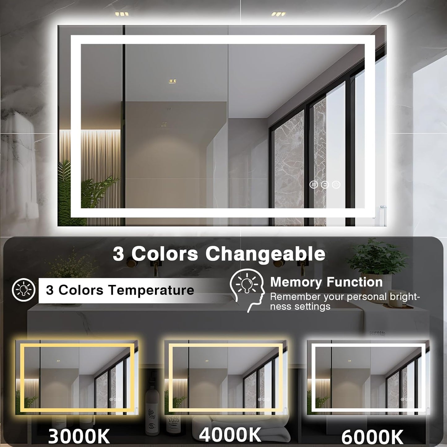 48"x30" LED Bathroom Mirror with Front & Backlit, Anti-Fog, Dimmable, Plugin/Hardwired, Shatterproof & Corrosion Proof, Wall Mount, Modern Style