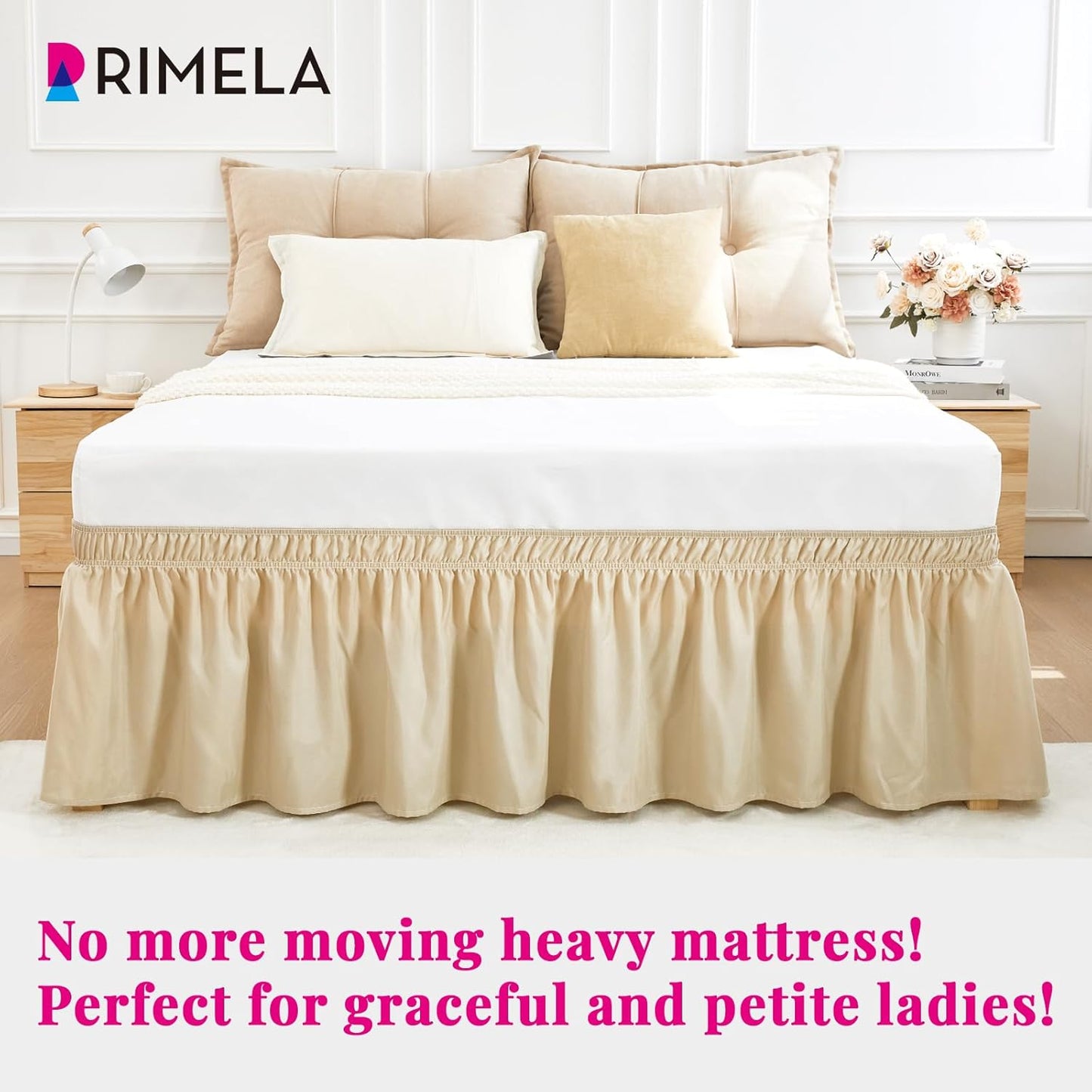 RIMELA Oatmeal Bed Skirting Queen Size Bed Skirt 15 Inch Drop, Wrap Around Elastic Adjustable Bedskirt, Dust Ruffle for Bed Frame & Box Spring Soft Durable Fabric Machine Washable Easy to Install