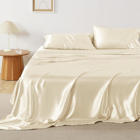 Bedsure Satin Sheets Queen Size - 4 Piece Silky Bedsheets with 15 Inches Deep Pocket Fitted Bedsheet,1 Flat Sheet, 2 Satin Pillowcases, Good for Hair & Skin (Queen, Cream)