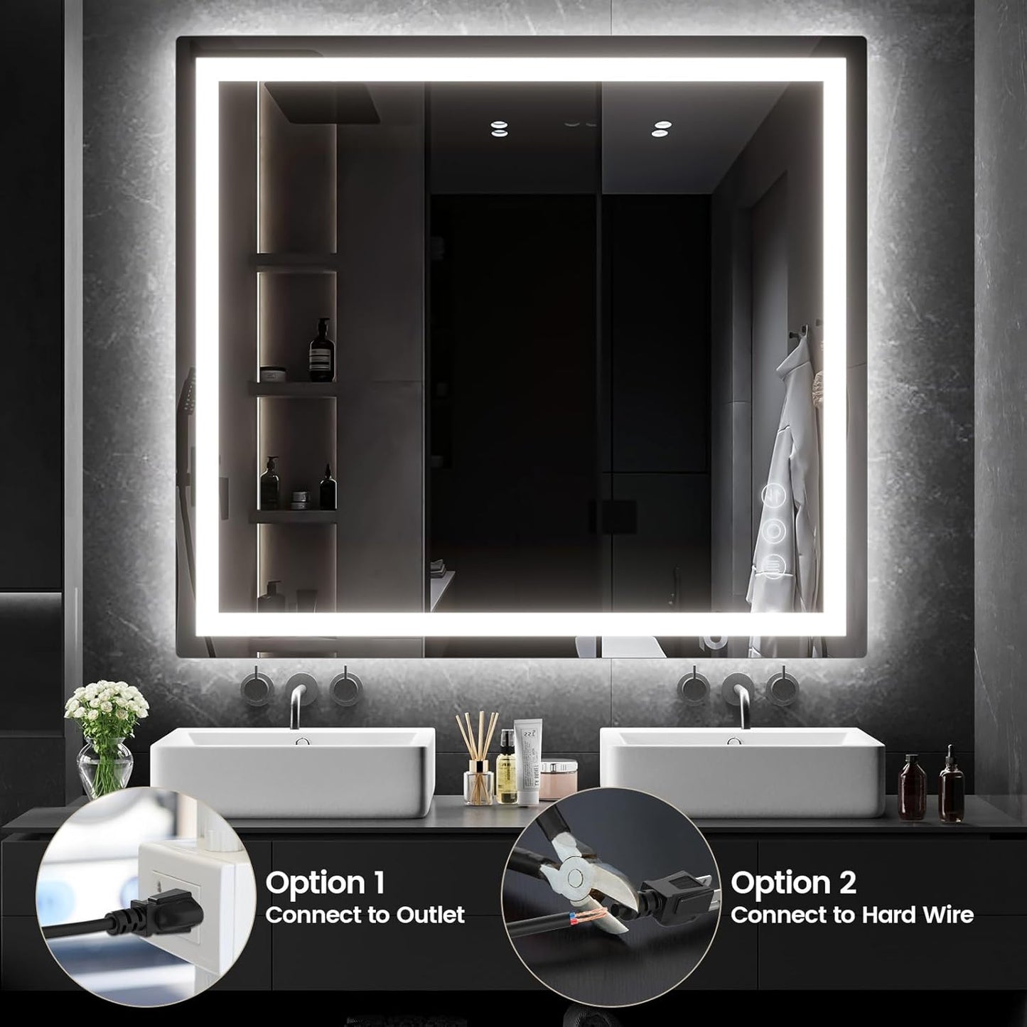 36"x 40" Bathroom Mirror with Lights, LED Mirror for Bathroom with Stepless 3 Colors Temperature & Dimmable Memory Anti-Fog Tempered Glass Mirror