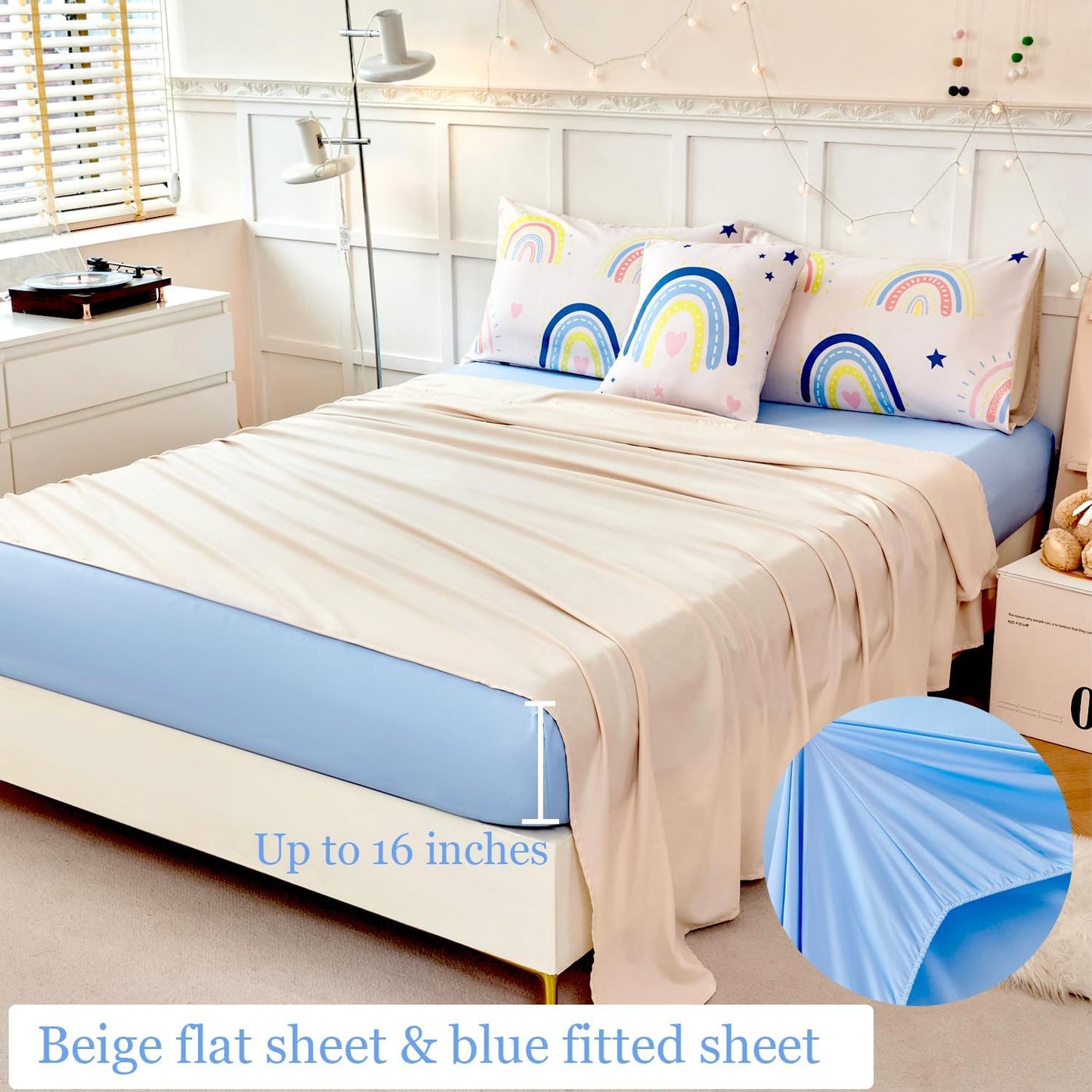 ANGIYUIN 6 Pieces Beige Rainbow Girls Comforter Set Twin Cartoon Rainbow Love Hearts and Stars Bedding Set for Girls Cute Soft Lightweight Kid Bed in A Bag with Rainbow Comforter, Sheets, Pillowcases