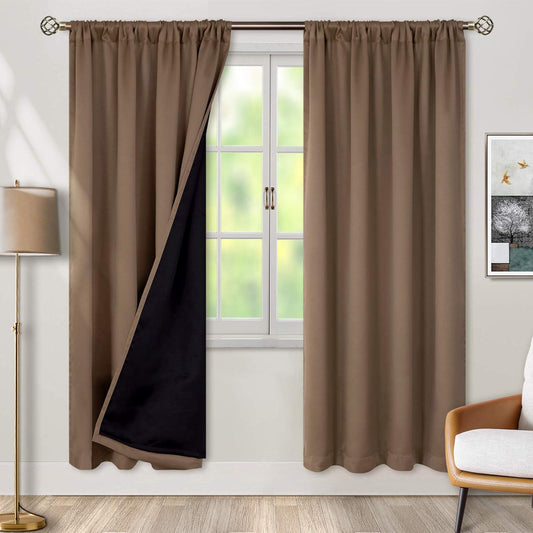 BGment Thermal Insulated 100% Blackout Curtains for Bedroom with Black Liner, Double Layer Full Room Darkening Noise Reducing Rod Pocket Curtain (52 x 84 Inch, Taupe, 2 Panels)