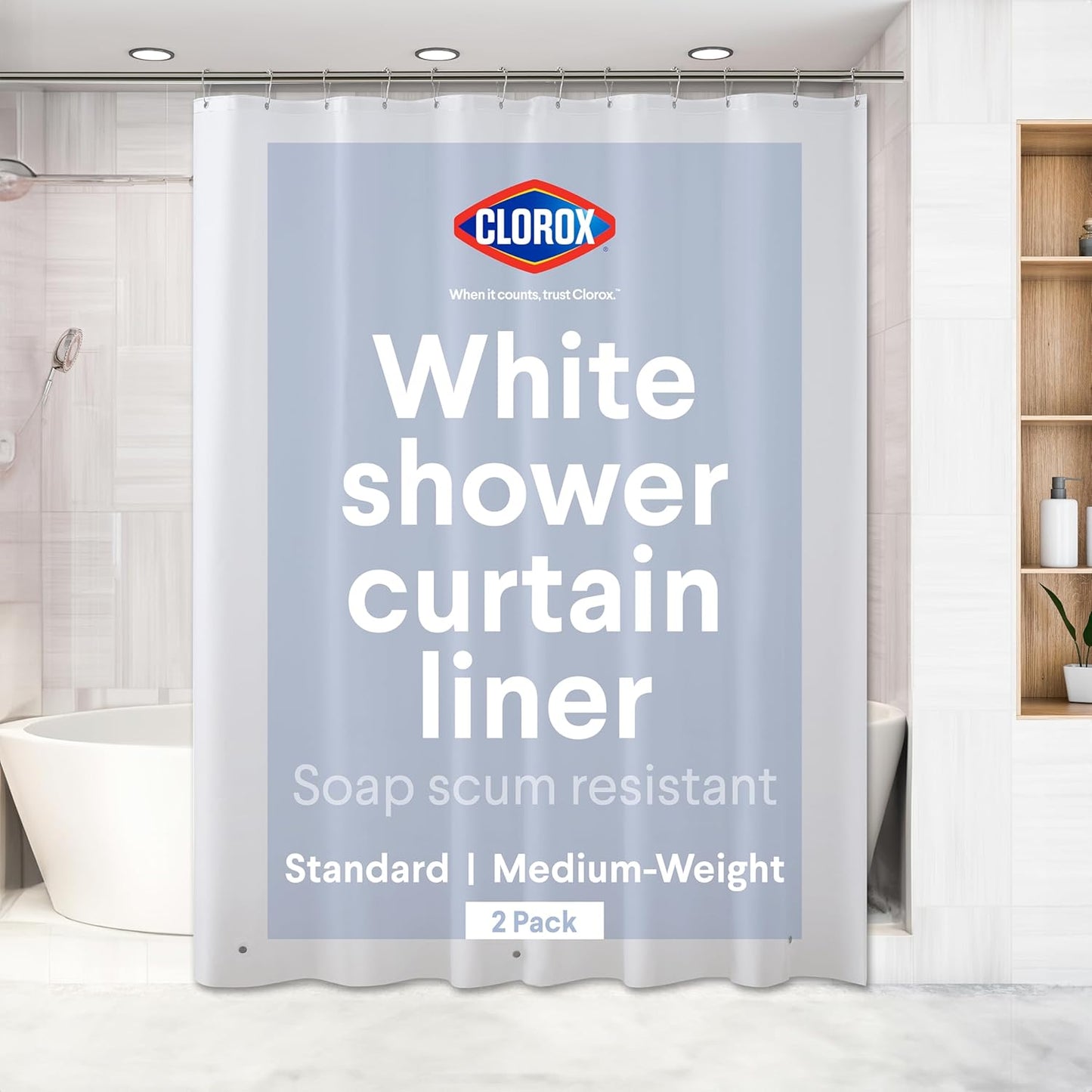 CLOROX Shower Curtain Liner, Premium Lightweight Flexible Waterproof 6g PEVA for Bathroom with Weighted Magnets, Standard Size 72" x 72", White 2 Pack