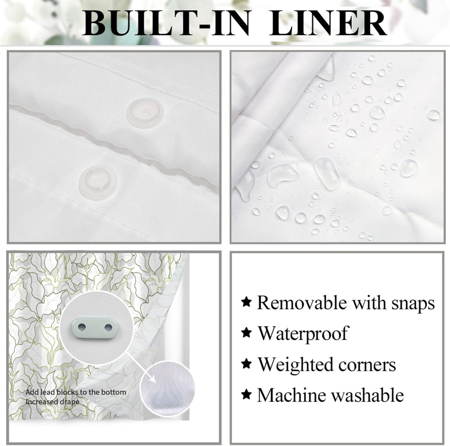 Leaves Shower Curtain No Hooks with Liner for Bathroom Decor,Green Leaves Line Shower Curtain with See Through Top Window,Modern Simple Art Hotel Style,Waterproof Washable,Easy to Install,71x74 Inch