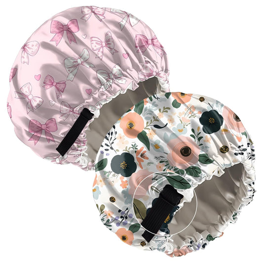 2 PCS Bonnets for Women Girls Satin Hair Bonnet Silk Adjustable Elastic Double Layer Hair Wrap Sleep Cap Comfort Cute-Bowknot Flower