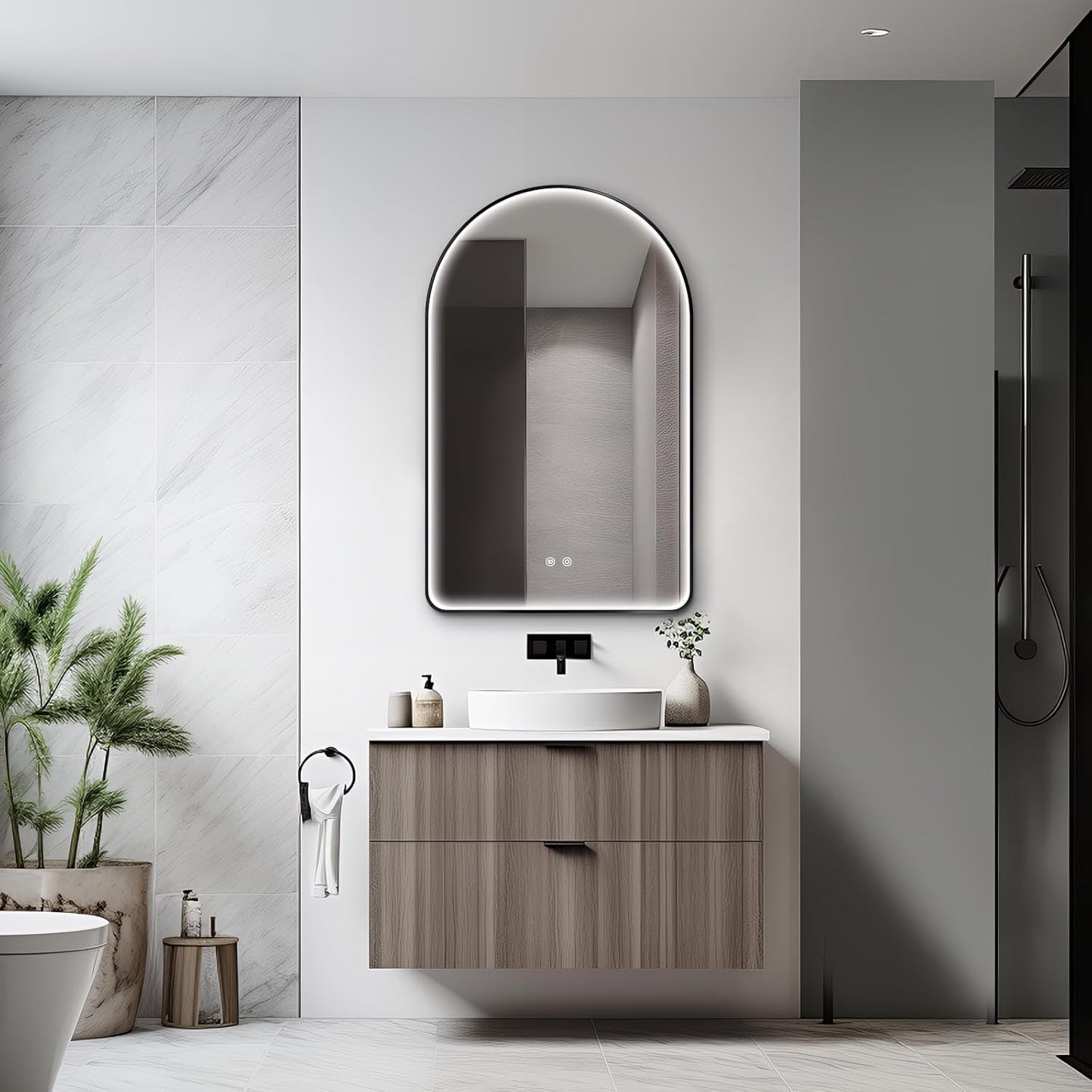 Niccy Arched LED Bathroom Mirror, 48"x30" Black Framed Arch Wall Lighted Mirrors, Arching Frontlit Vanity-Mirror with Memory Function for Bathroom Bedroom, Defogger and 3 Color, Explosion-Proof