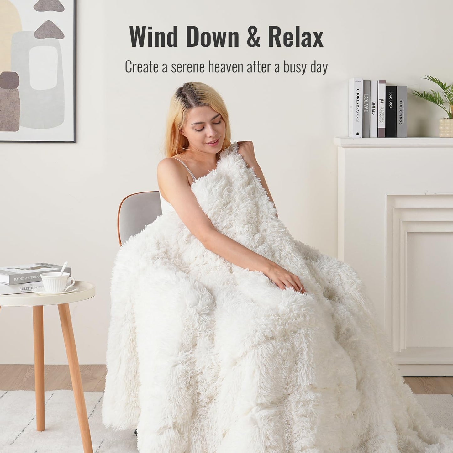 Uttermara Shaggy Faux Fur Weighted Blanket 15lbs, Super Soft Plush Fleece and Cozy Sherpa Reverse, Decorative Long Fur Throw Blankets 48"x72" 15LBS Cream