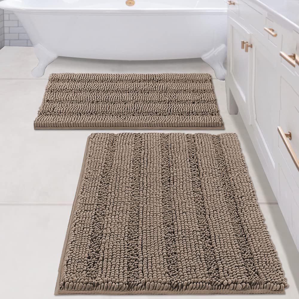H.VERSAILTEX 2 Piece Bathroom Set - Super Absorbent Chenille Striped Bath Mats, Non Skid, Machine Washable (Taupe Brown, 24 x 36 Plus 20 x 32 - Inches)