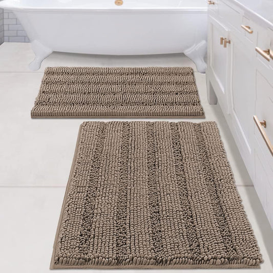 H.VERSAILTEX 2 Piece Bathroom Set - Super Absorbent Chenille Striped Bath Mats, Non Skid, Machine Washable (Taupe Brown, 24 x 36 Plus 20 x 32 - Inches)