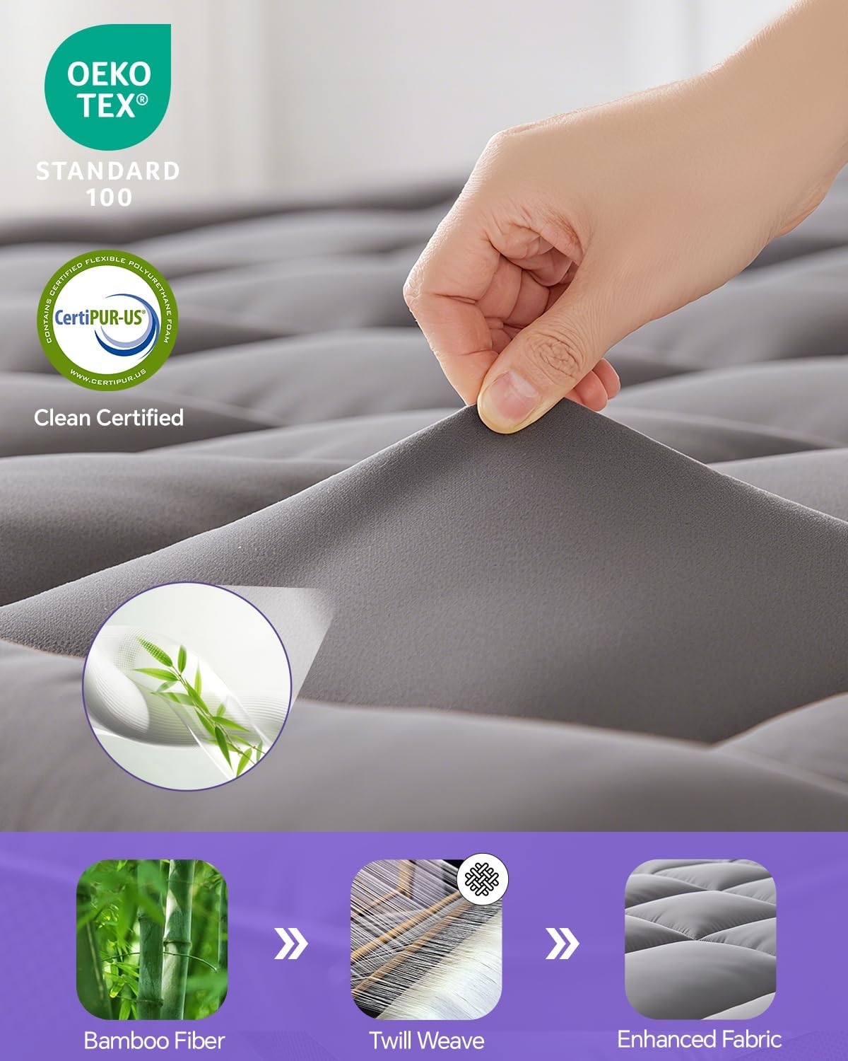 Dual Layer 4 Inch Memory Foam Mattress Topper Queen - 2 Inch Gel Memory Foam and 2 Inch Pillow Top Mattress Pad, 7-Zone Egg Crate Queen Size Mattress Topper (Grey)