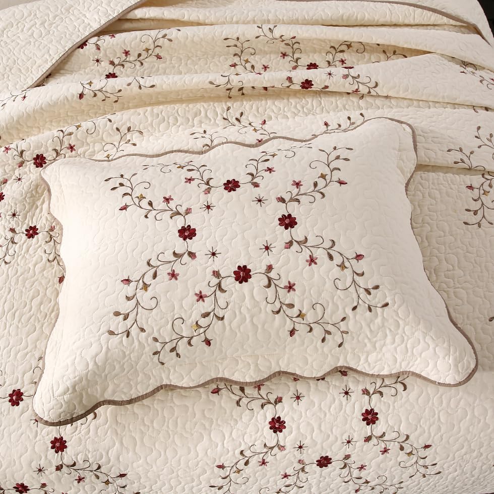 Quilt Set Floral Leaves 3D Embroidery Pattern 3 PCS Cotton Reversible Quilted Embroidered Decorative Bedspreads Coverlet Set, Lightweight &Soft Queen Size Beige Bedding Coverlet for All Season