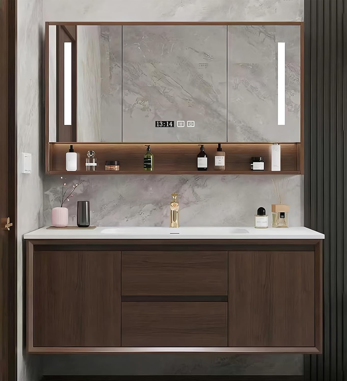 Bathroom Sink Vanity 60Inch, Floating Bathroom Vanity with LED Smart Defogging Mirror Cabinet and Open Shelf, Multi-Layer Solid Wood Bathroom Furniture Cabinet, Wall Mount Installation (Walnut)