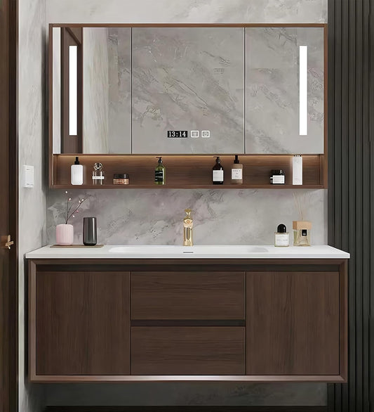 Bathroom Sink Vanity 36Inch, Floating Bathroom Vanity with LED Smart Defogging Mirror Cabinet and Open Shelf, Multi-Layer Solid Wood Bathroom Furniture Cabinet, Wall Mount Installation (Walnut)
