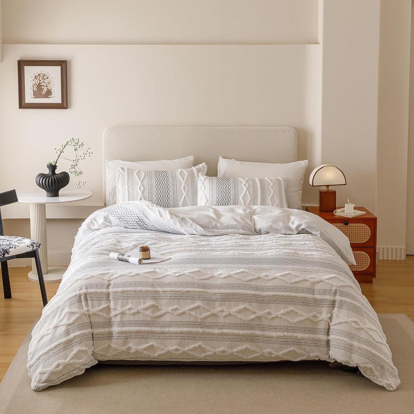 KAREVER Ivory Black Boho Comforter Set Full Mixed Textures Jacquard Bedding Set Durable Chic and Stylish Bedroom Set