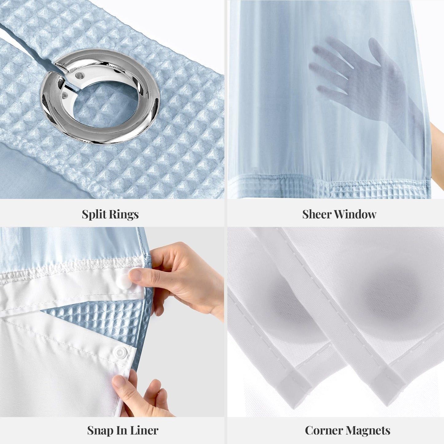 River Dream Misty Blue Fabric Shower Curtain Set, Cotton Blend, Waffle Weave, with Snap in Replacement Liner，71 x 74 inches