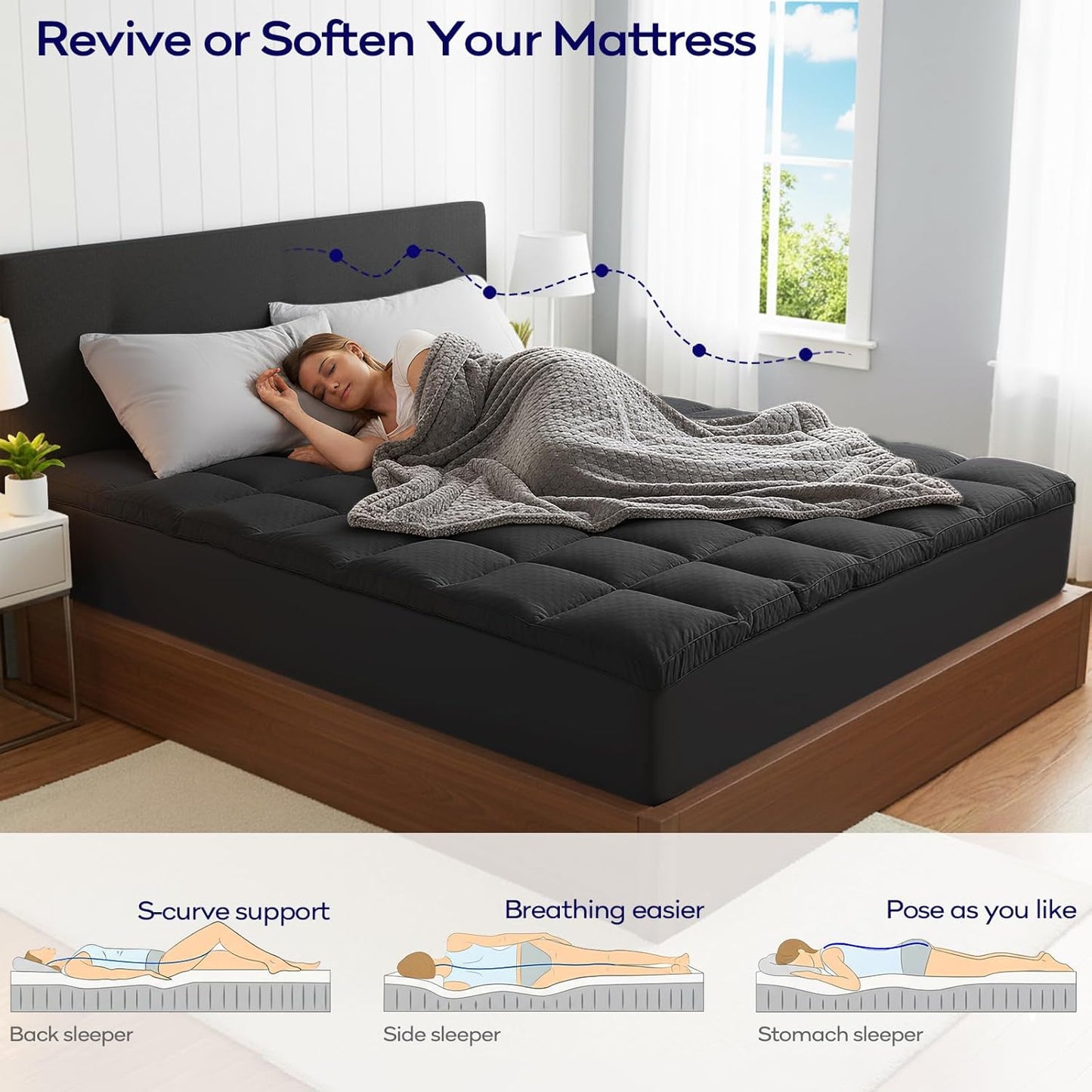 OLANLY Dual-Layer 4 Inch King Size Memory Foam Mattress Topper for Back Pain, 2 Inch Cooling Pillow Top Mattress Pad Cover and 2 Inch Gel Memory Foam Topper, Deep Elastic Pocket, Black
