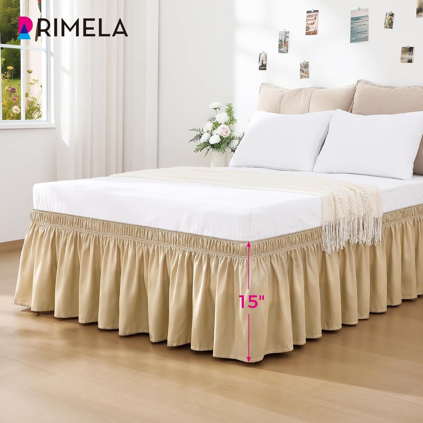 RIMELA Beige Bed Skirt King Size 15 Inch Drop, Wrap Around Elastic Bedskirt, Dust Ruffle for Adjustable Bed Base Machine Washable Easy to Install Bed Skirts