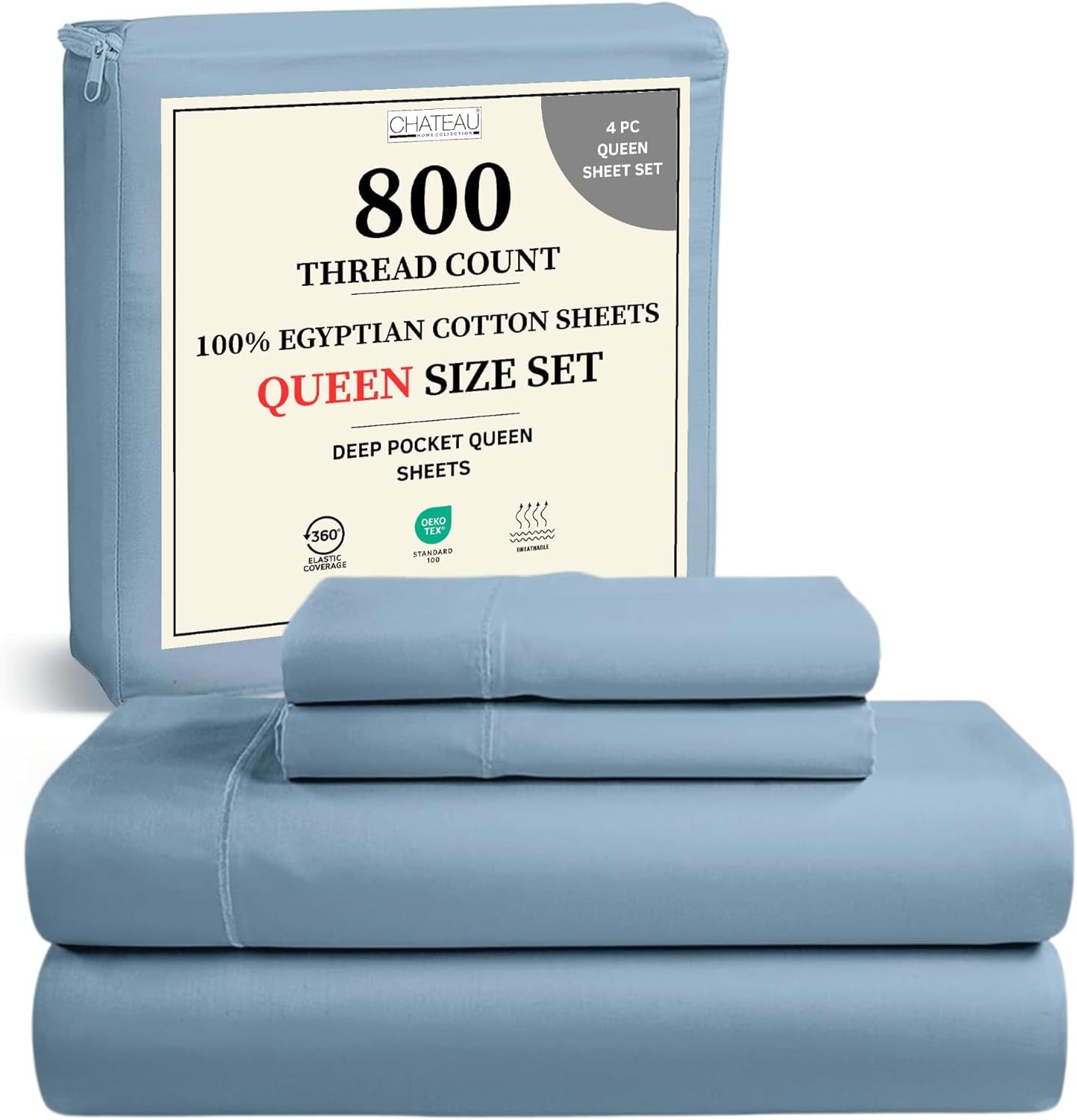 100% Egyptian Cotton Sheets Queen Size Set, 800 TC Deep Pocket Queen Sheets Set, Soft Breathable Sateen Weave 4 PC Elasticated Sheet & Pillowcase Sets, No Pill & Shrink, Fade Resistant- French Blue
