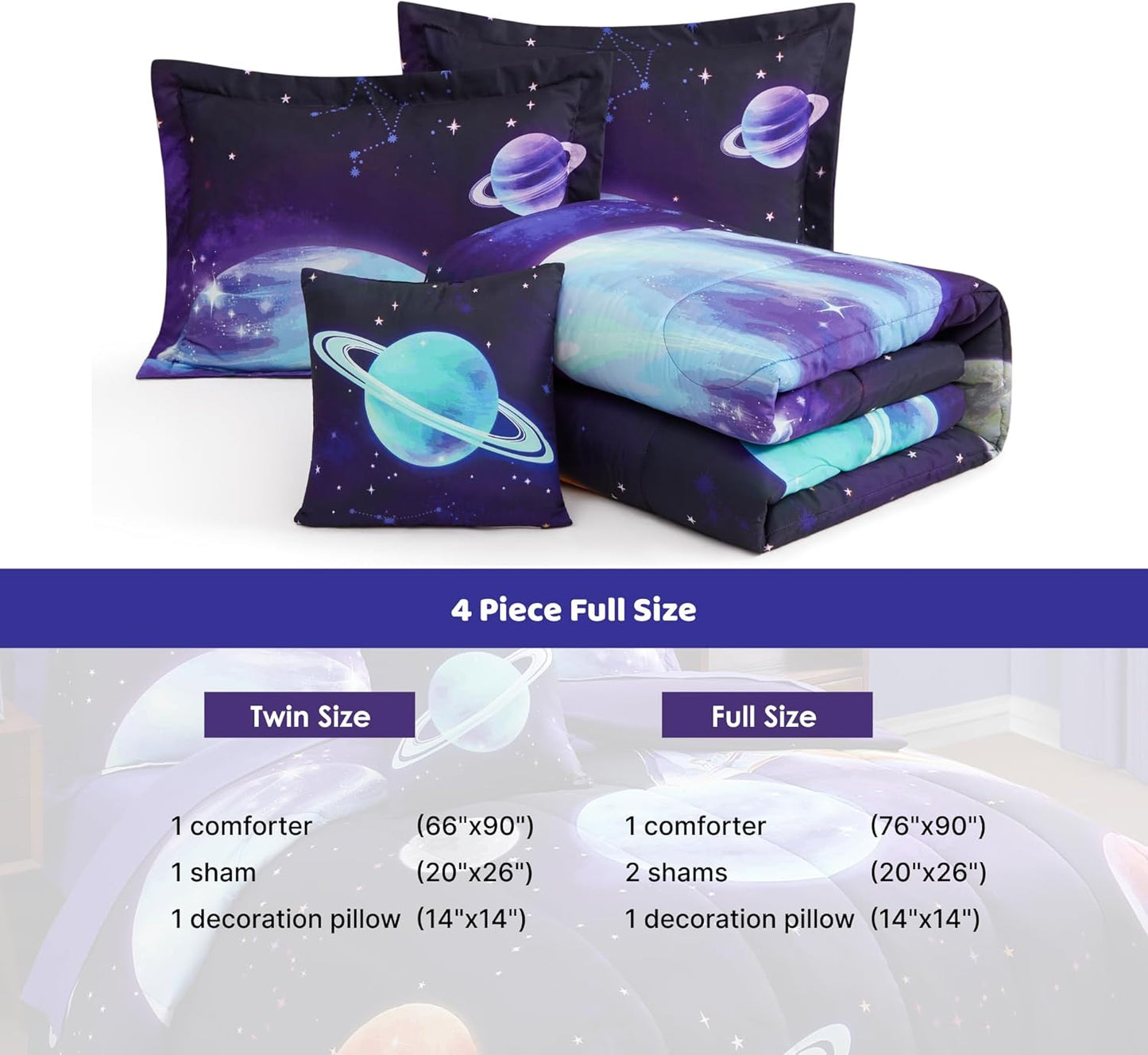 Full Size Comforter Set for Boys - 4 Pieces Navy Blue Space Rocket Full Bedding Sets for Kids, 1 Comforter, 2 Shams and 1 Decor Pillow