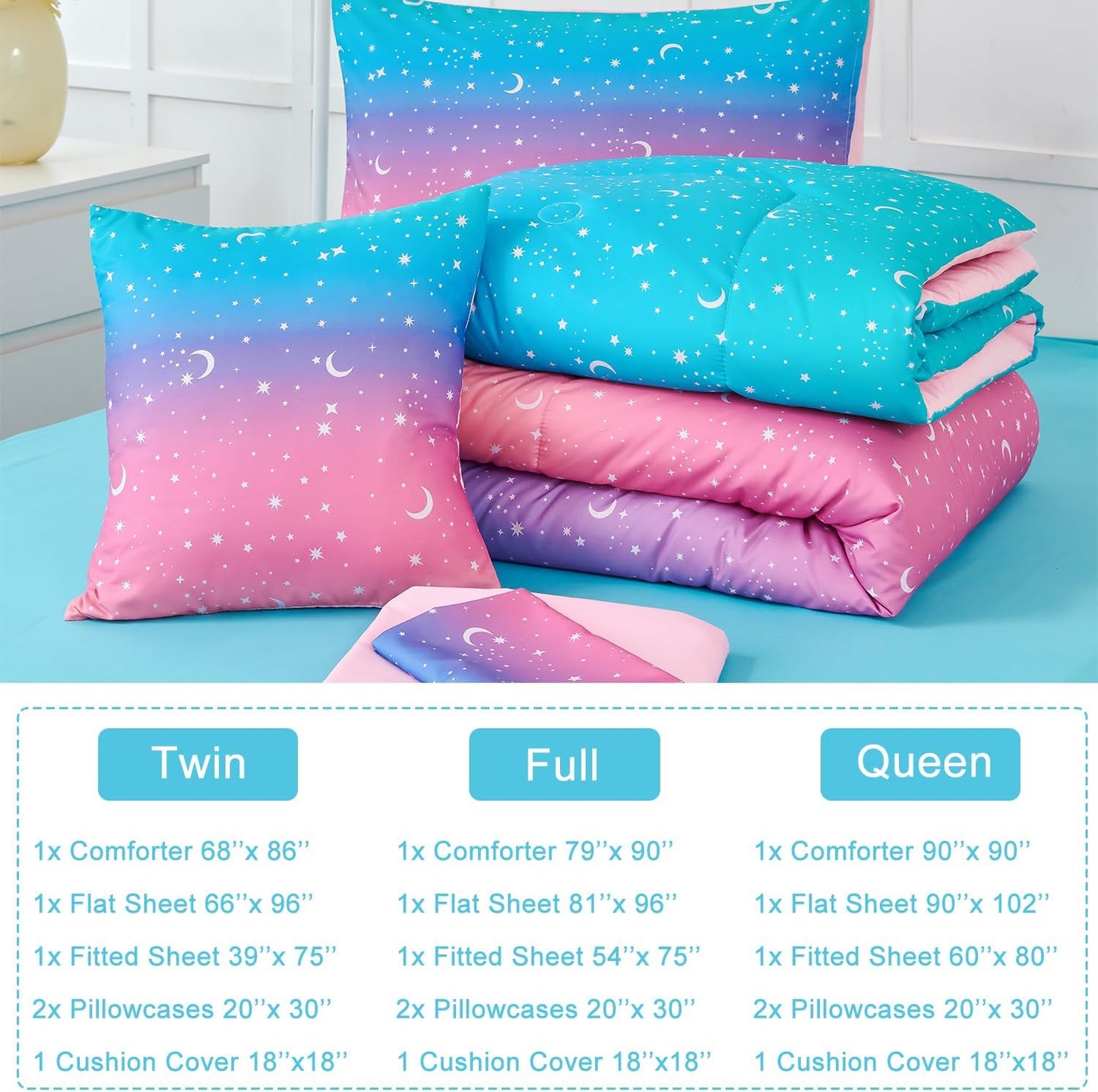 URBONUR 6 Pcs Gradient Comforter Set for Girls Twin Size Pink Purple Blue Colorful Moon Star Rainbow Comforter Bed in A Bag, Soft & Lightweight Kids Teen Bedding Set
