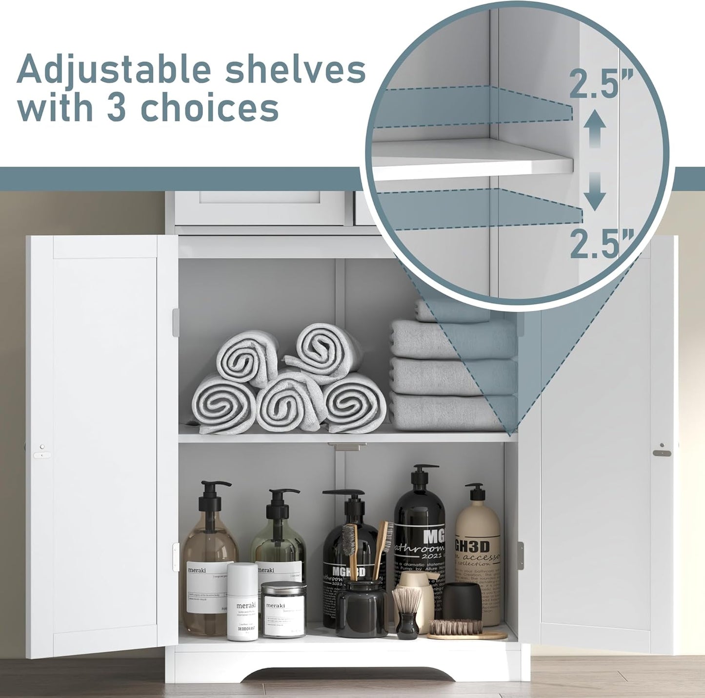 67" Tall White Bathroom Cabinet Storage Cabinet, Freestanding Storage Cabinet with Glass Door and Adjustable Shelves, Bathroom Cabinet for Living Room, Kitchen, Dining, White