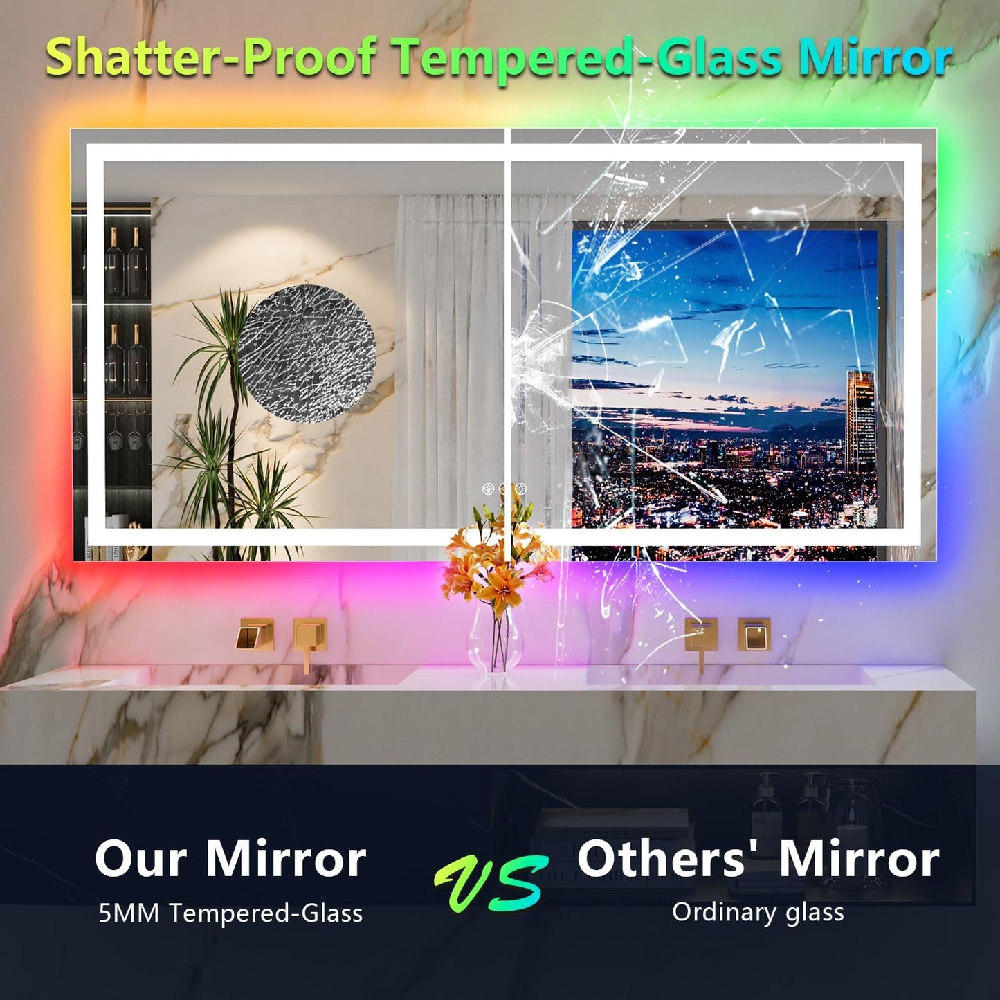 72x36 Inch RGB LED Bathroom Mirror Front Light and RGB Backlit Lighted Vanity Mirror for Bathroom Wall Mounted Dimmable Anti Fog Memory Shatter-Proof IP54 Waterproof Horizontal/Vertical